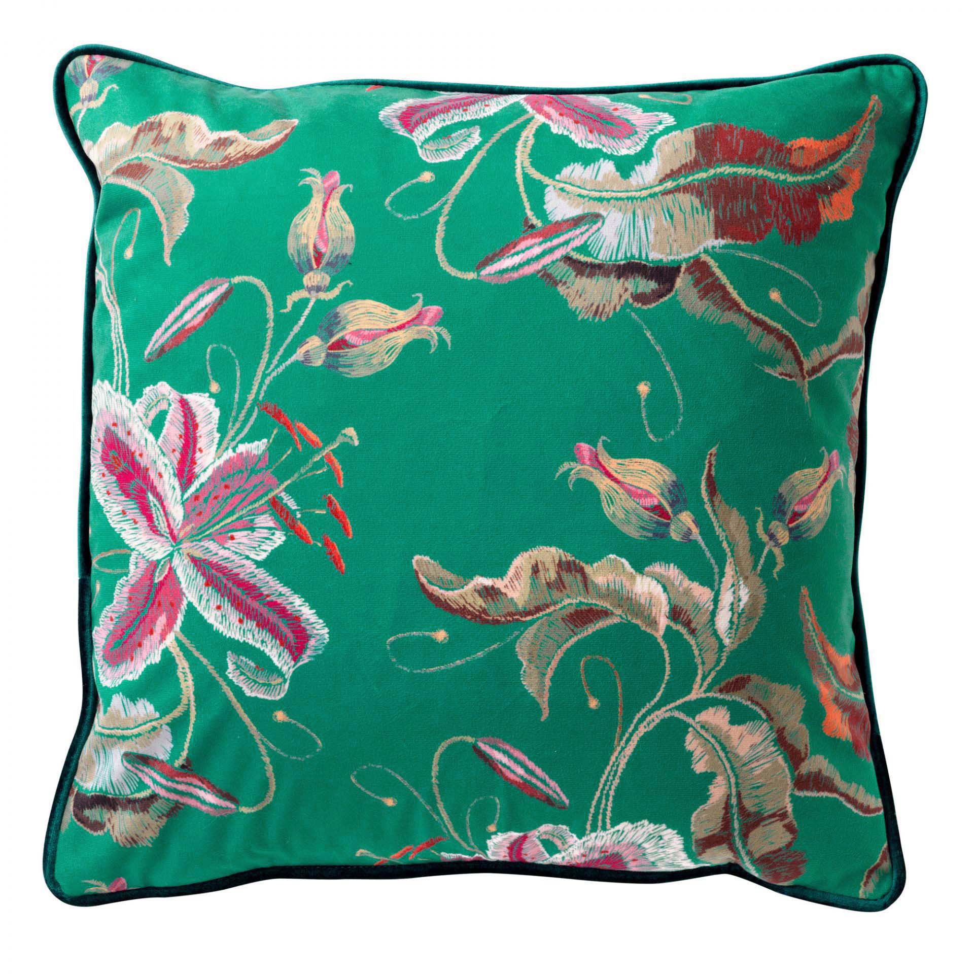 FANNY - Sierkussen 45x45 cm - bloemenpatroon - Emerald - groen