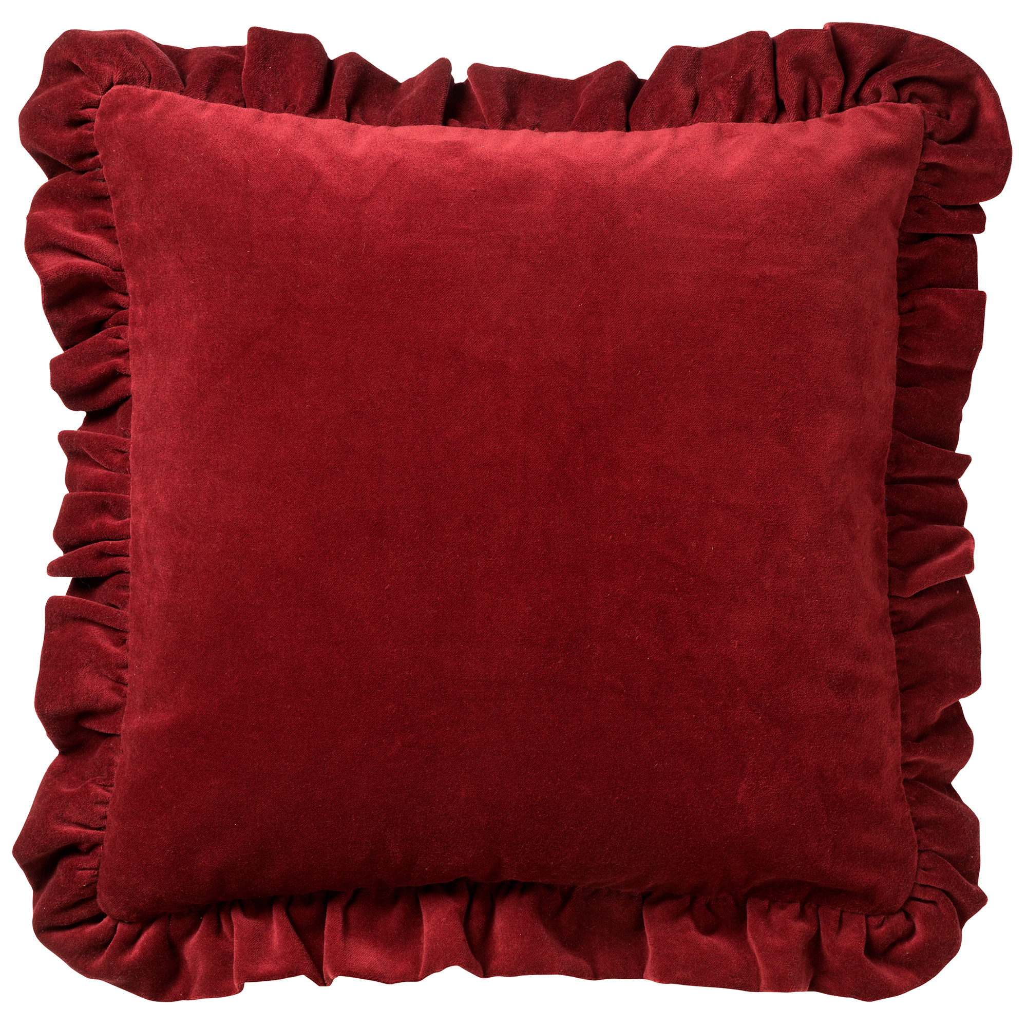 YARA - Sierkussen katoen 45x45 cm - velvet - Merlot - rood - ruches rondom 