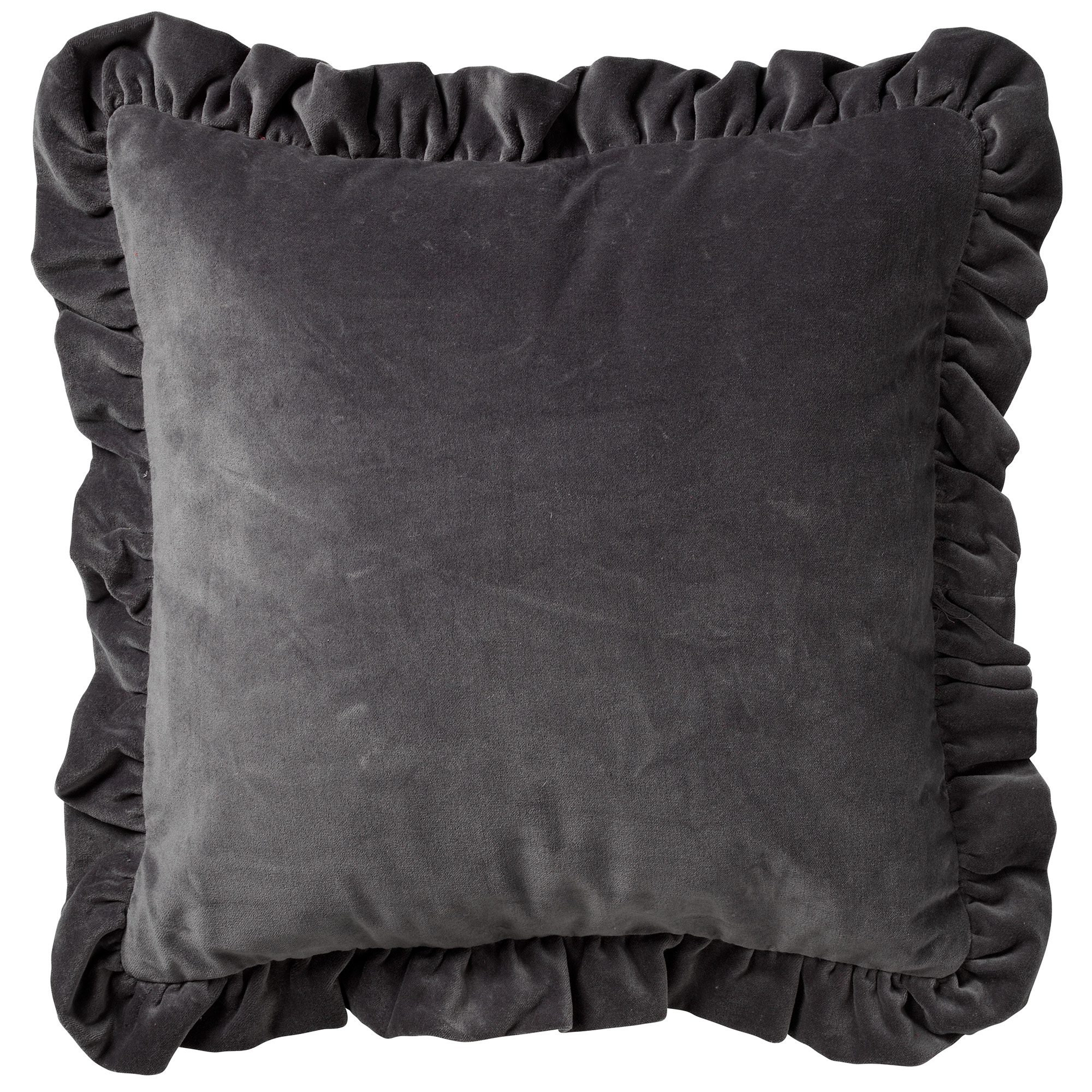 YARA - Kussenhoes 45x45 cm - 100% katoen - velvet - met ruches - Charcoal Gray - antraciet