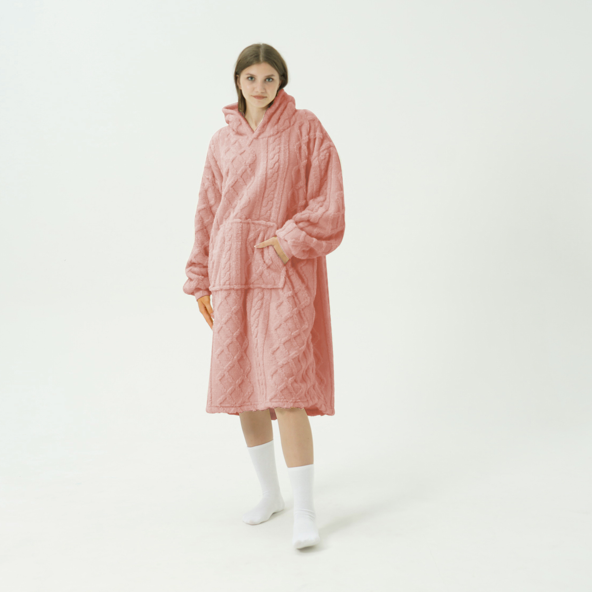 SOPHIE Oversized Hoodie - 70x110 cm - Hoodie & deken in één - extra grote kabeltrui met capuchon - Rose Tan - roze