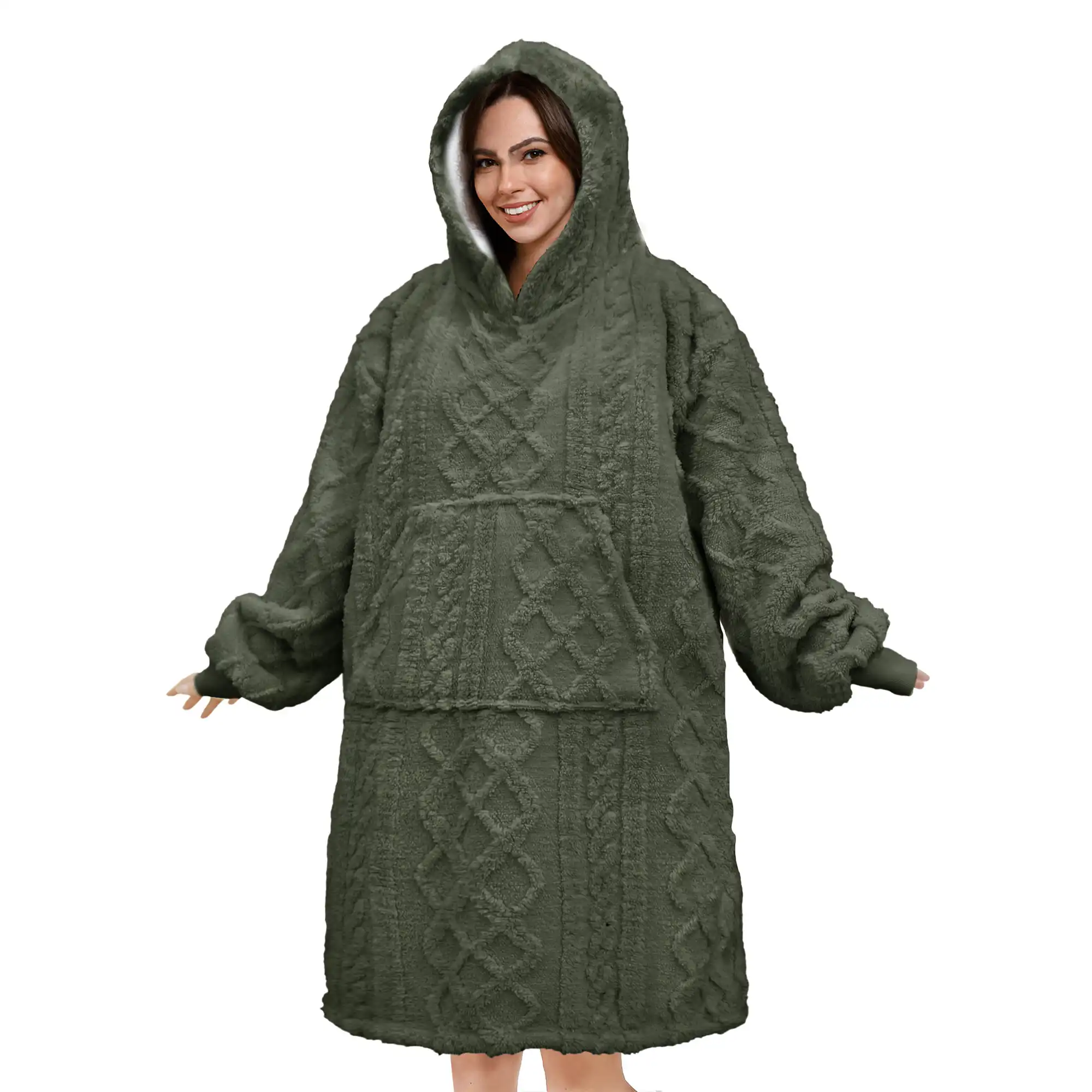 SOPHIE Oversized Hoodie - 70x110 cm - Hoodie & deken in één - extra grote kabeltrui met capuchon - Military Olive - groen