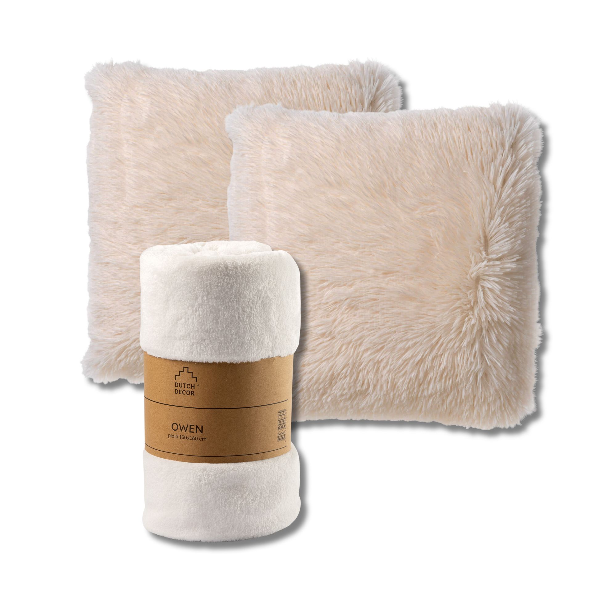 VOORDEELSET - 3-delig - Fluffy & Owen - 2 sierkussens 45x45 cm - 1 plaid 130x160 cm - wit