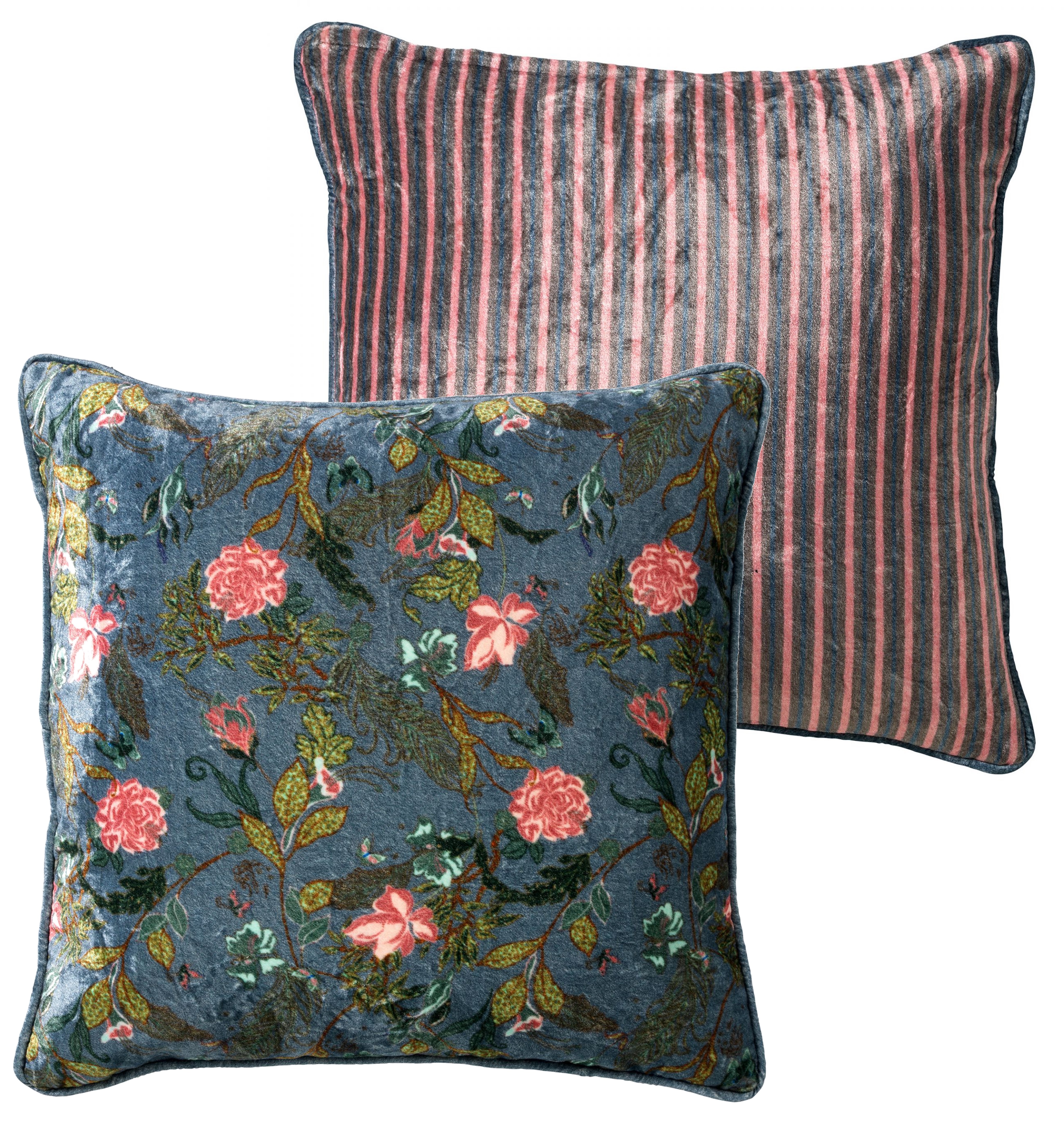 MIKKY - Sierkussen 45x45 cm - velvet bloemen - provincial blue - blauw - roze - groen | SIERKUSSEN | DDL02203000401