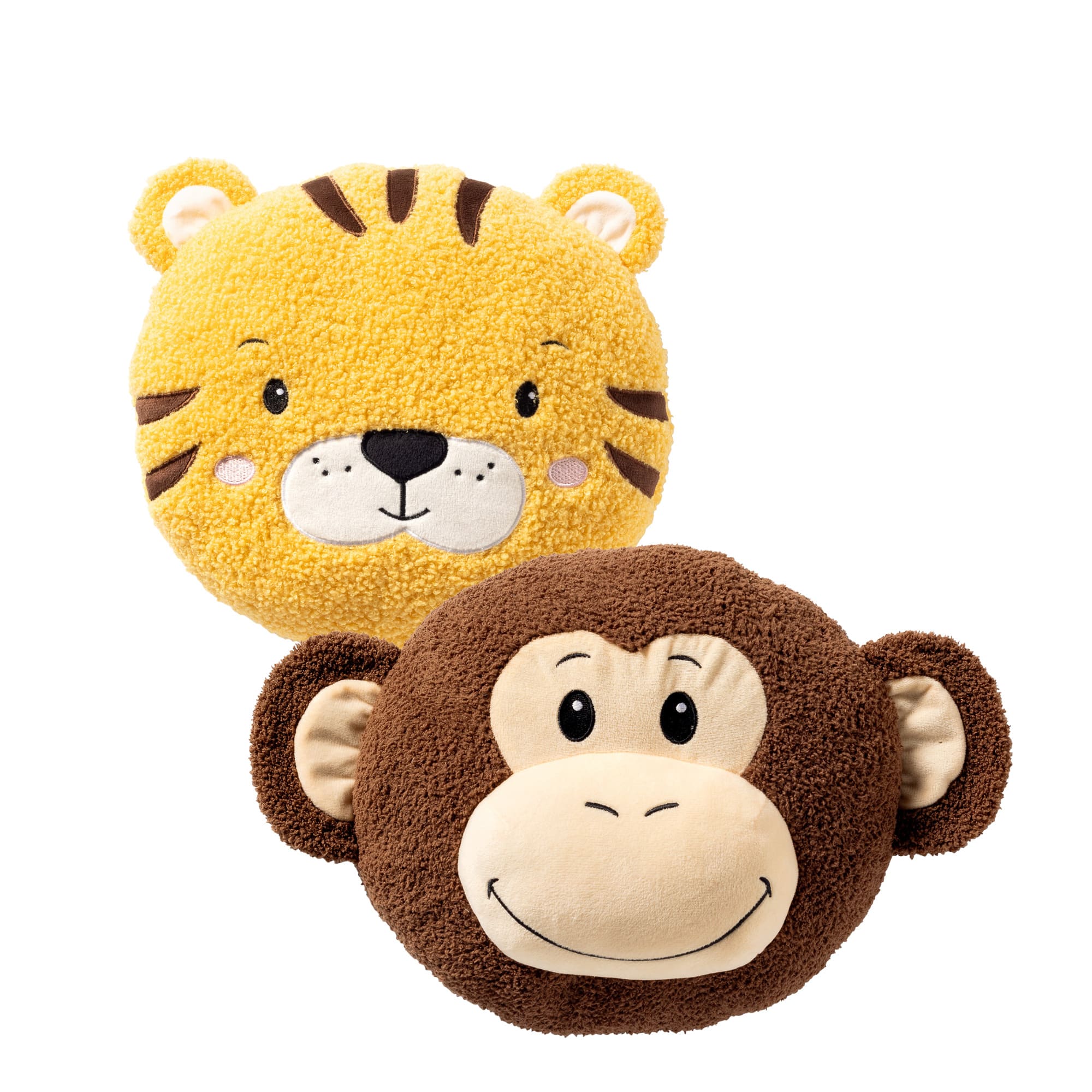 KUSSENSET - 2-delig - ronde funkussens - Ø30 cm - aap en tijger - bruin, geel