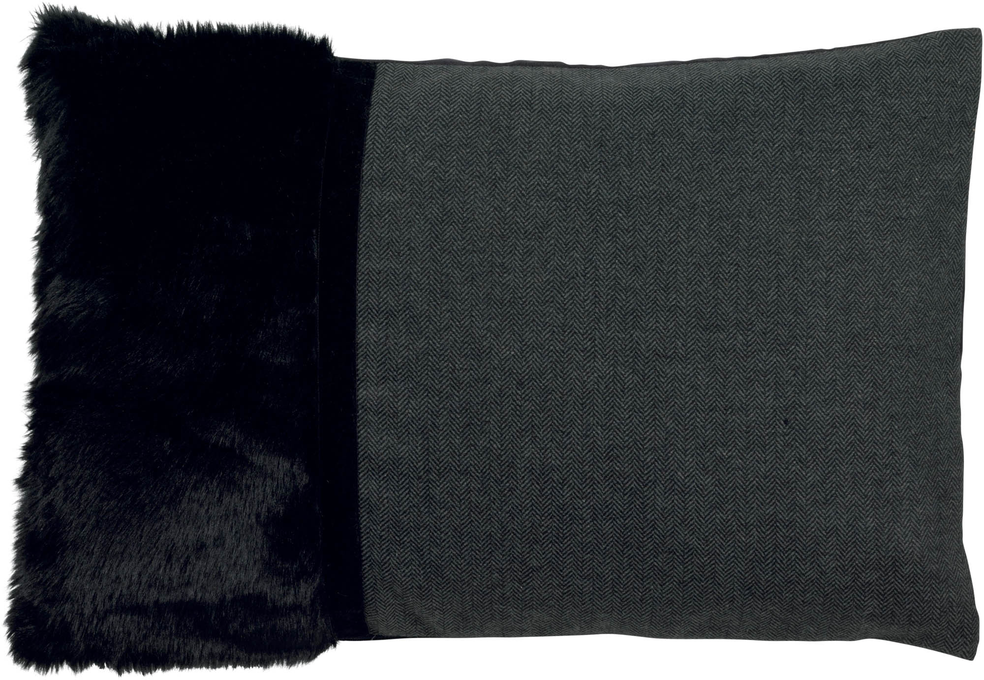 STEFANIE - Sierkussen 40x60 cm - zwart - visgraat patroon - velvet - nepbont