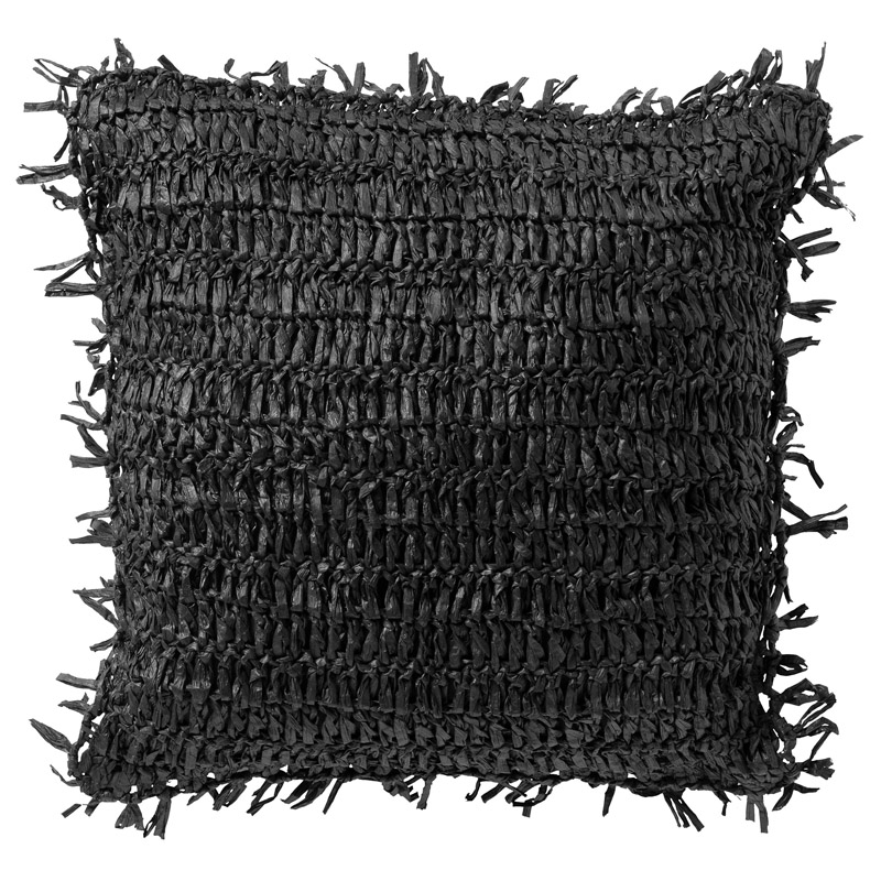 ANTONIO - Sierkussen 45x45 cm - effen kleur met raffia - Raven - zwart