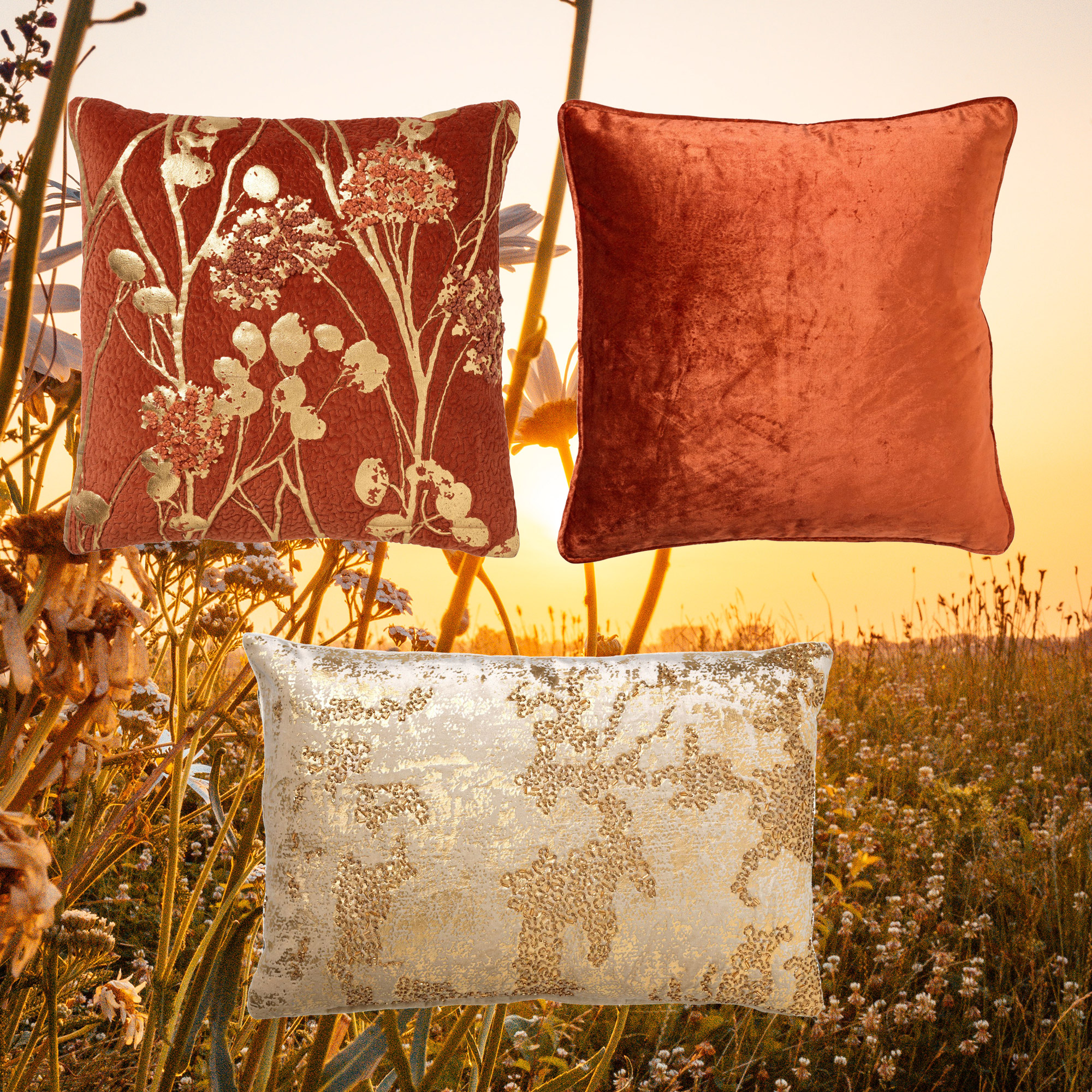 TREND SET GOLDEN SUNSET  |  Sierkussens |  Set van 3 |  45x45/40x60/50x50 cm Potters Clay | Oranje | Hoii | met GRS verenvulling