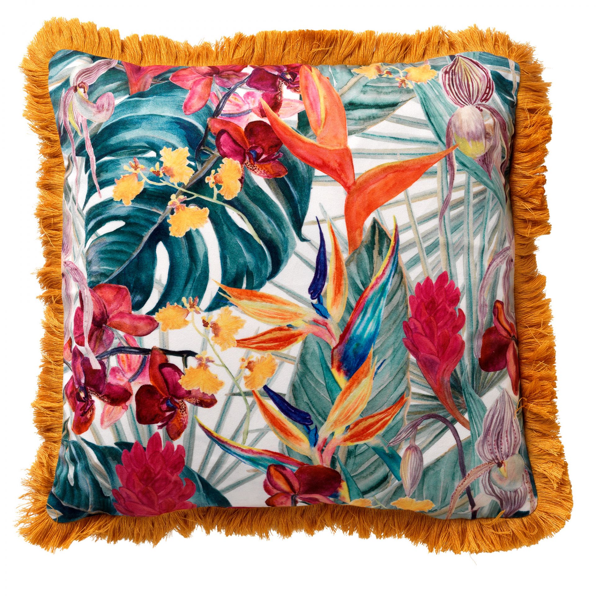 TROPICANA - Sierkussen velvet 45x45 cm - Golden Glow - geel - bloemenpatroon - franjes