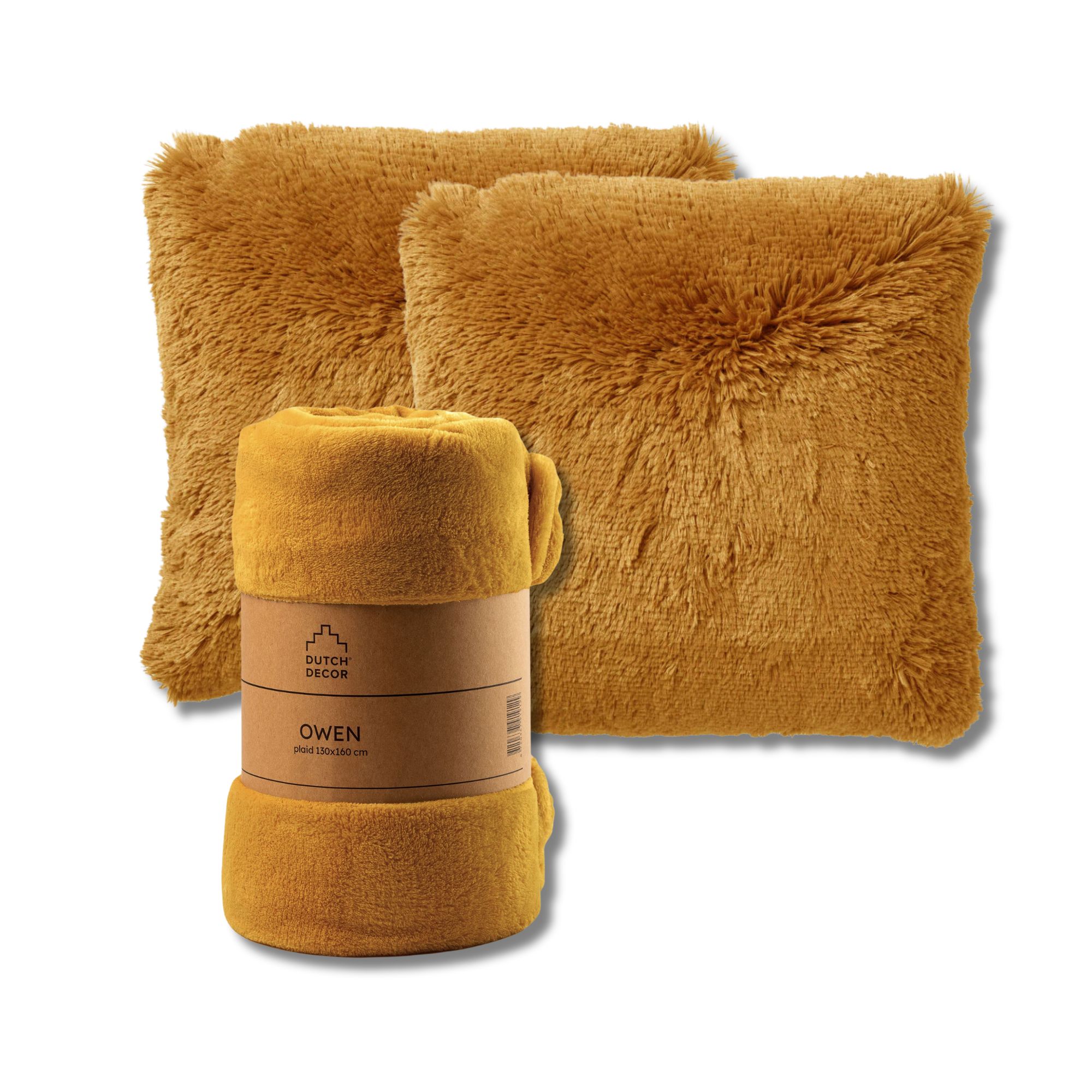 VOORDEELSET - 3-delig - Fluffy & Owen - 2 sierkussens 45x45 cm - 1 plaid 130x160 cm - geel