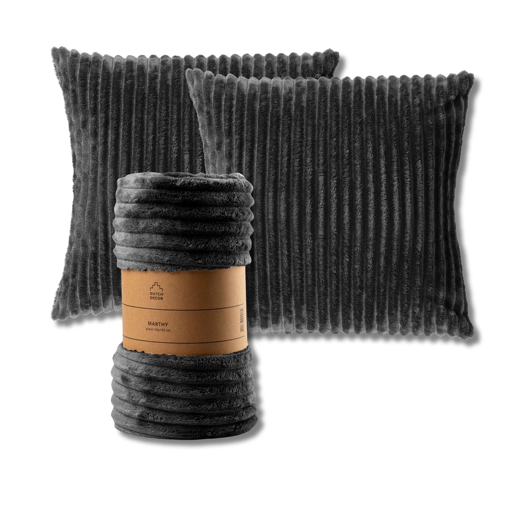 VOORDEELSET - 3-delig - Mart & Marthy - 2 sierkussens 45x45 cm - 1 plaid 140x180 cm - antraciet