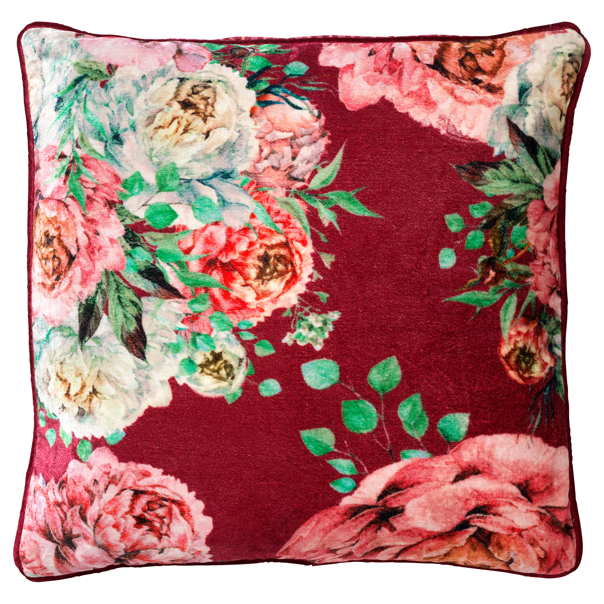 MINOU - Kussenhoes 45x45 cm - velvet - bloemen - red plum - roze - rood - groen - streepjes
