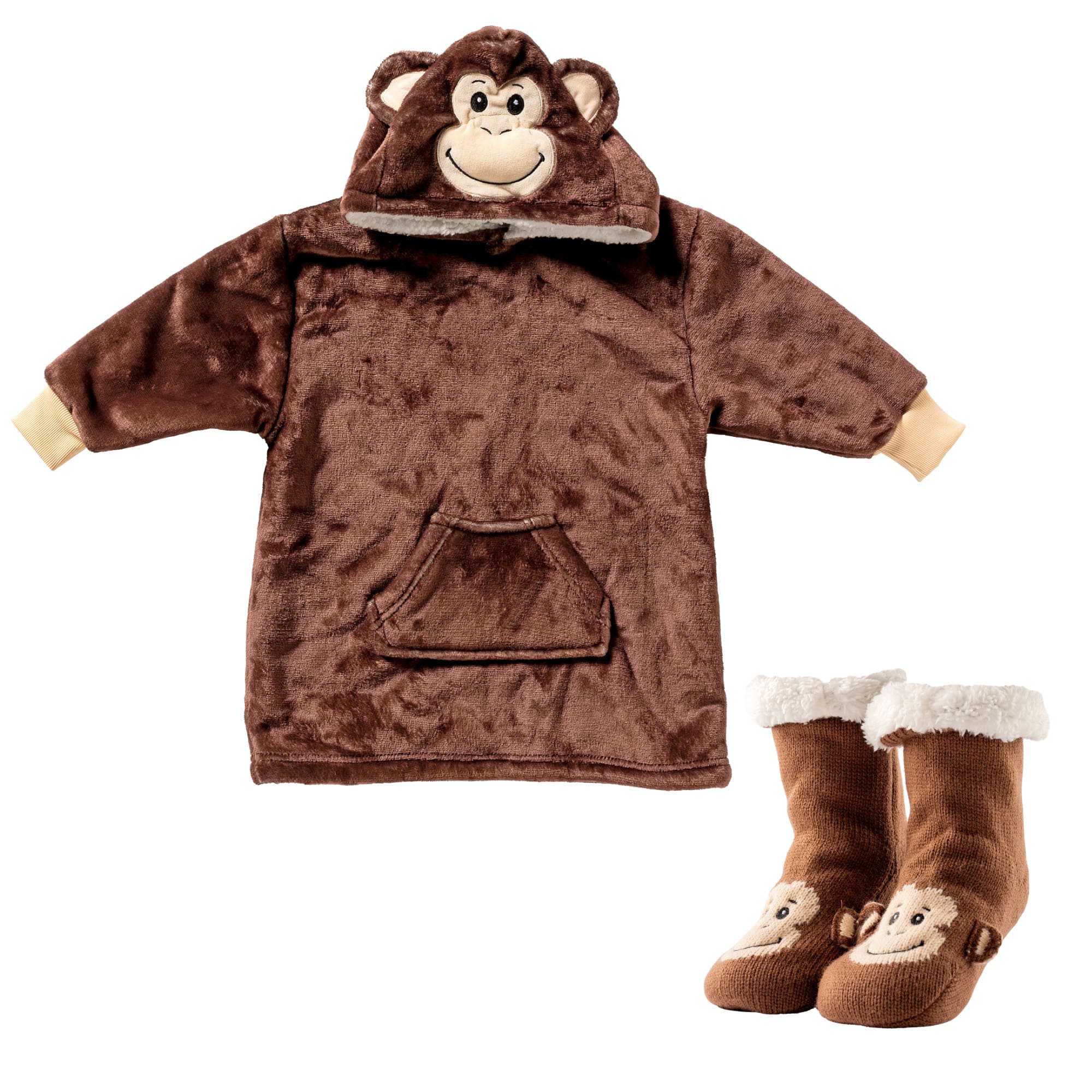 VOORDEELSET - 2-delig - Monkey - oversized hoodie en huissokken - kinderen - aap - Partridge - bruin
