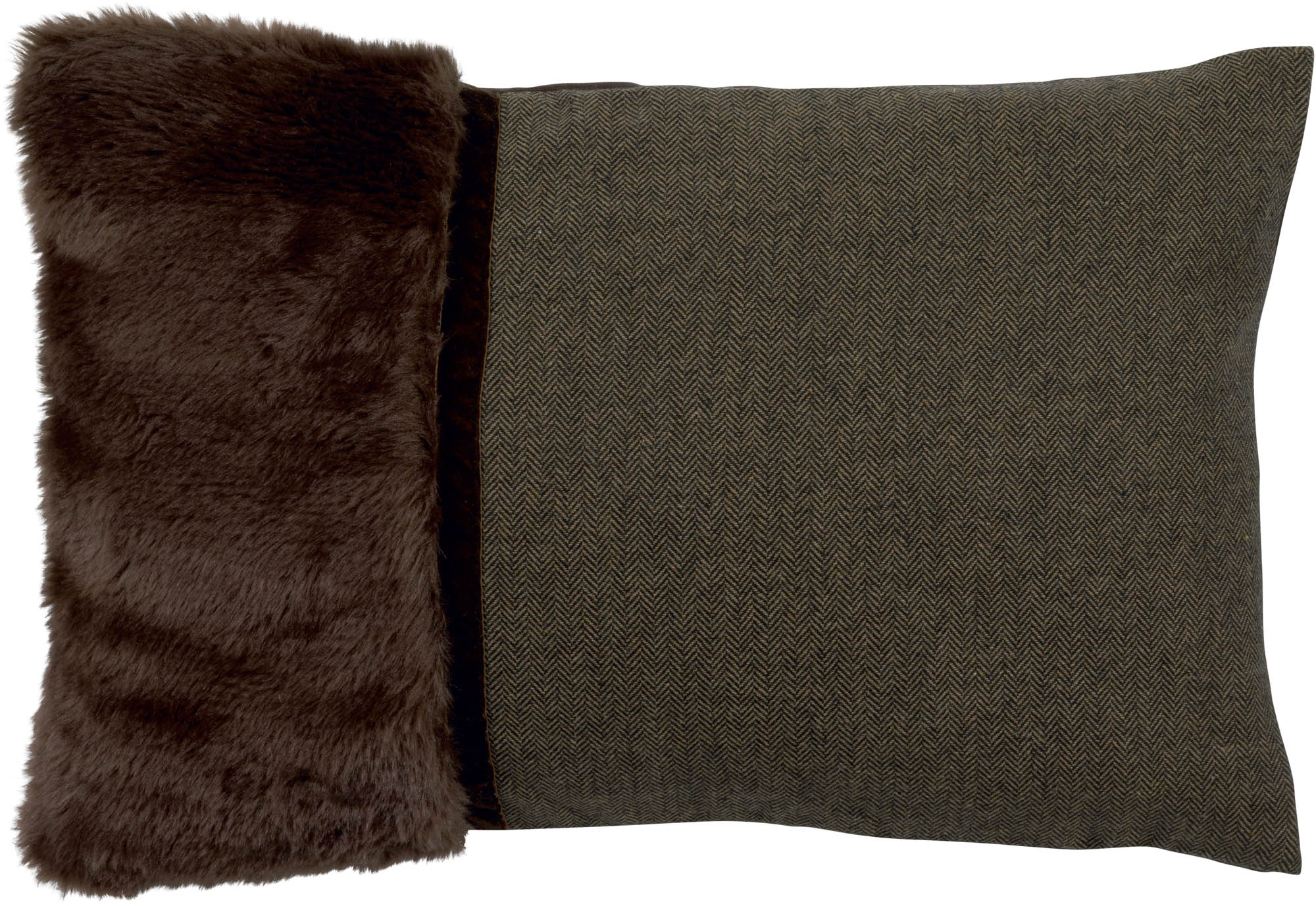 STEFANIE - Sierkussen 40x60 cm - Bruin - visgraat stof - velvet - nepbont