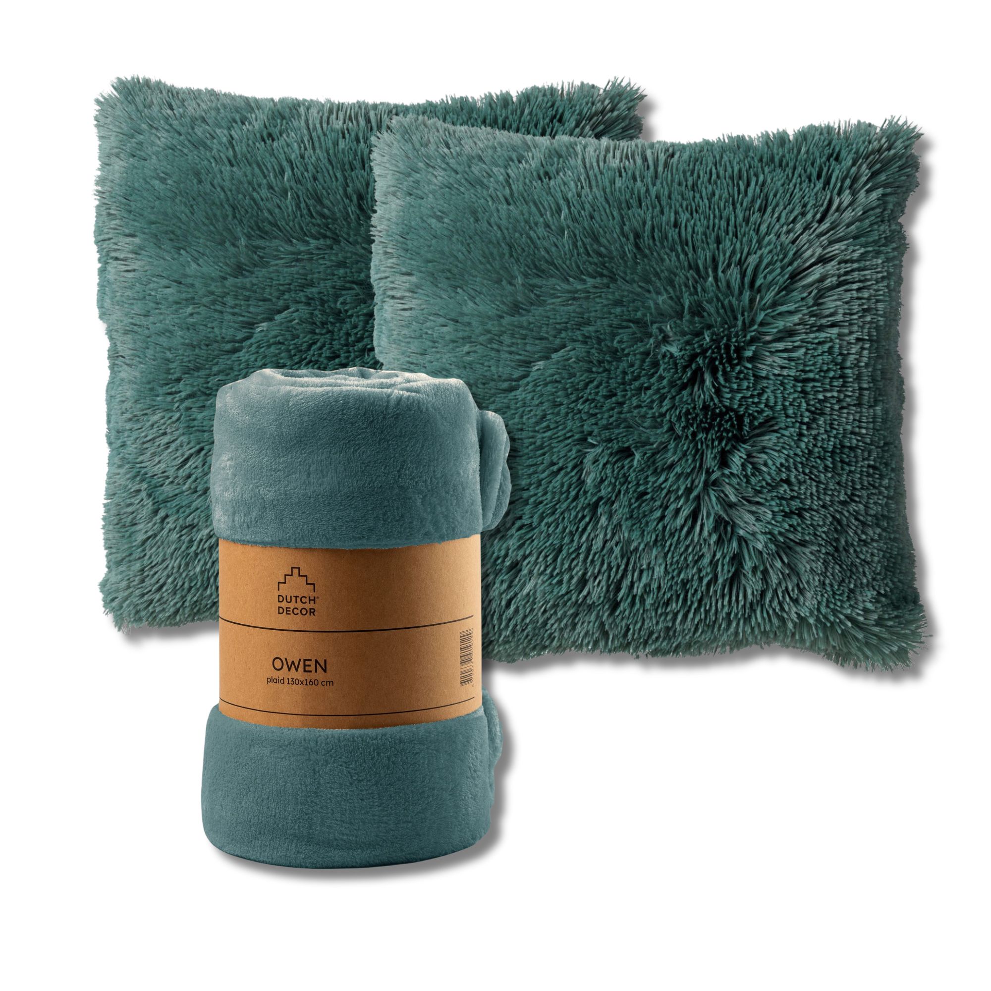 VOORDEELSET - 3-delig - Fluffy & Owen - 2 sierkussens 45x45 cm - 1 plaid 130x160 cm - groen