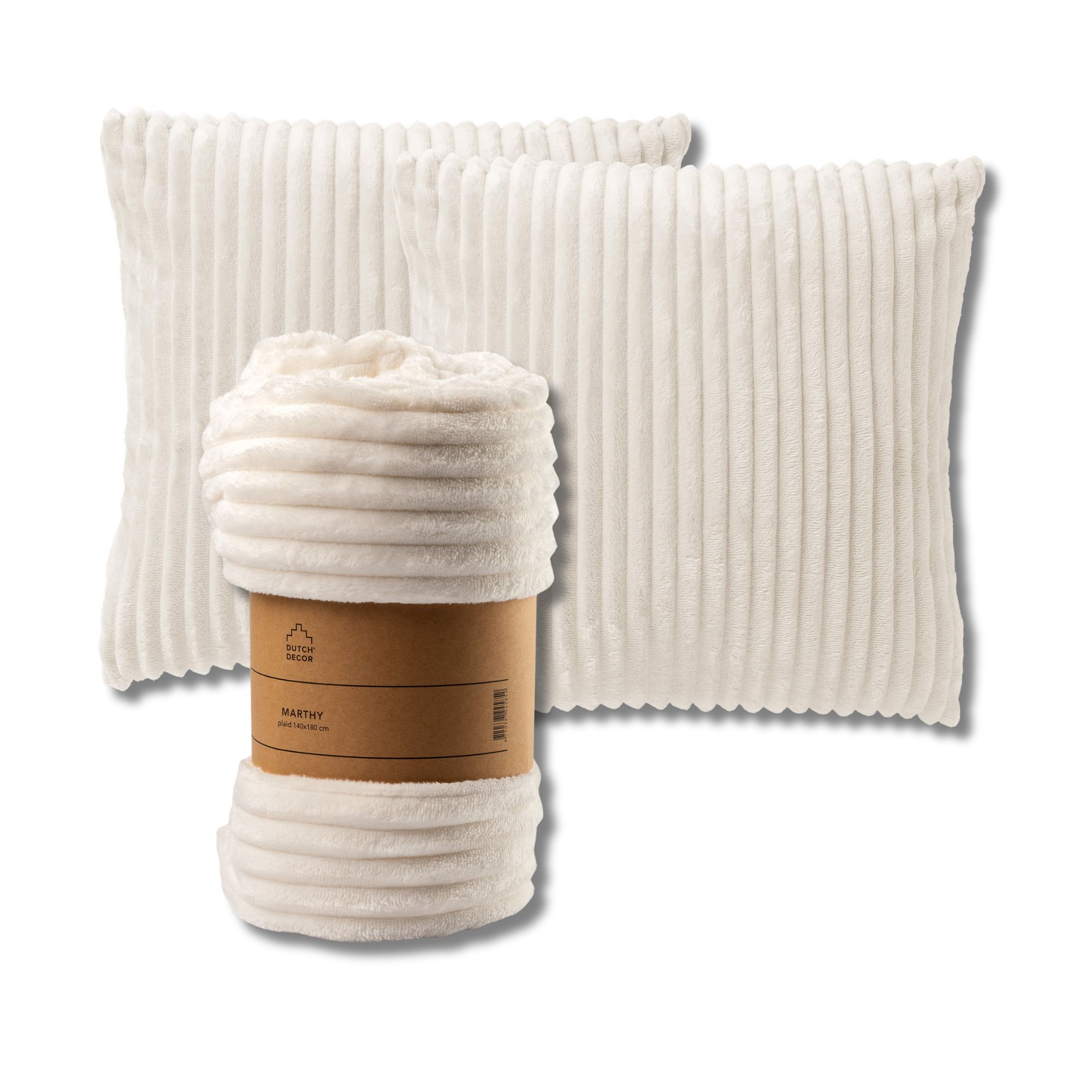 VOORDEELSET - 3-delig - Mart & Marthy - 2 sierkussens 45x45 cm - 1 plaid 140x180 cm - wit