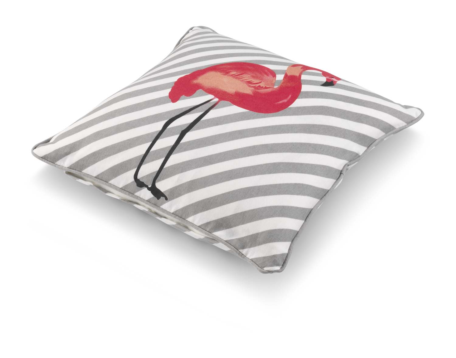 JOLEIN - Sierkussen katoen - flamingo - 45x45 cm - grijs / roze - streepjes