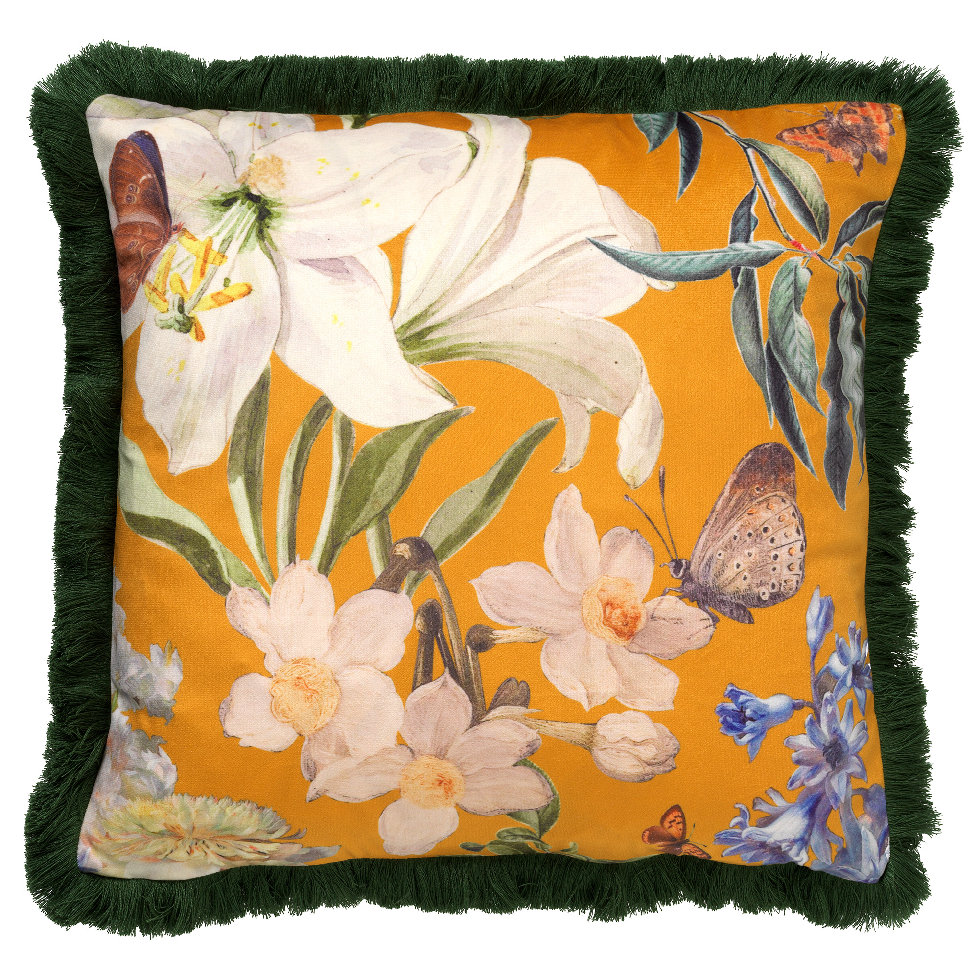 HANNA - Kussenhoes velvet 45x45 cm - Golden Glow - geel - bloemen - vlinders - franjes 
