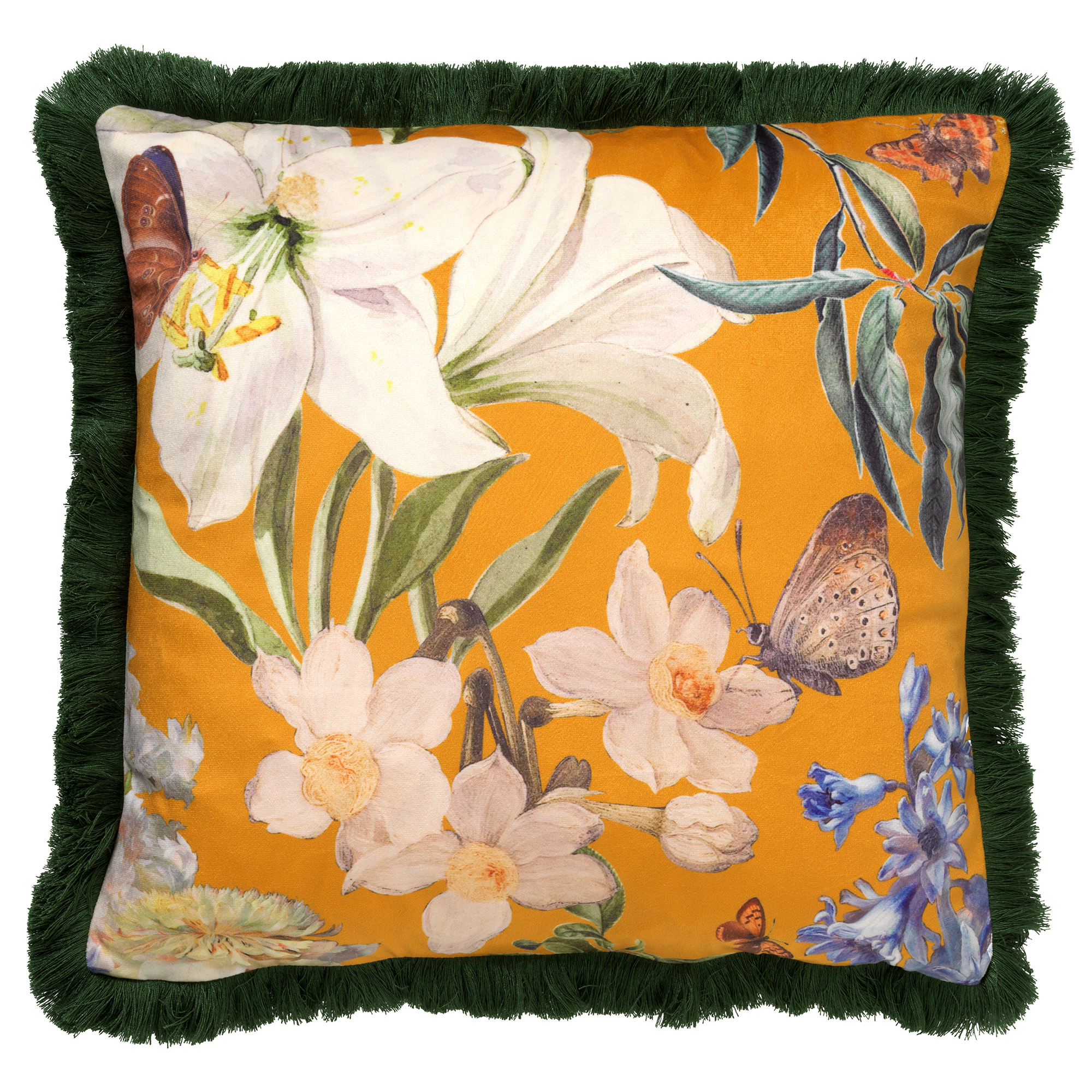 HANNA - Kussenhoes 45x45 cm - bloemen - vlinders - franjes - Golden Glow - geel