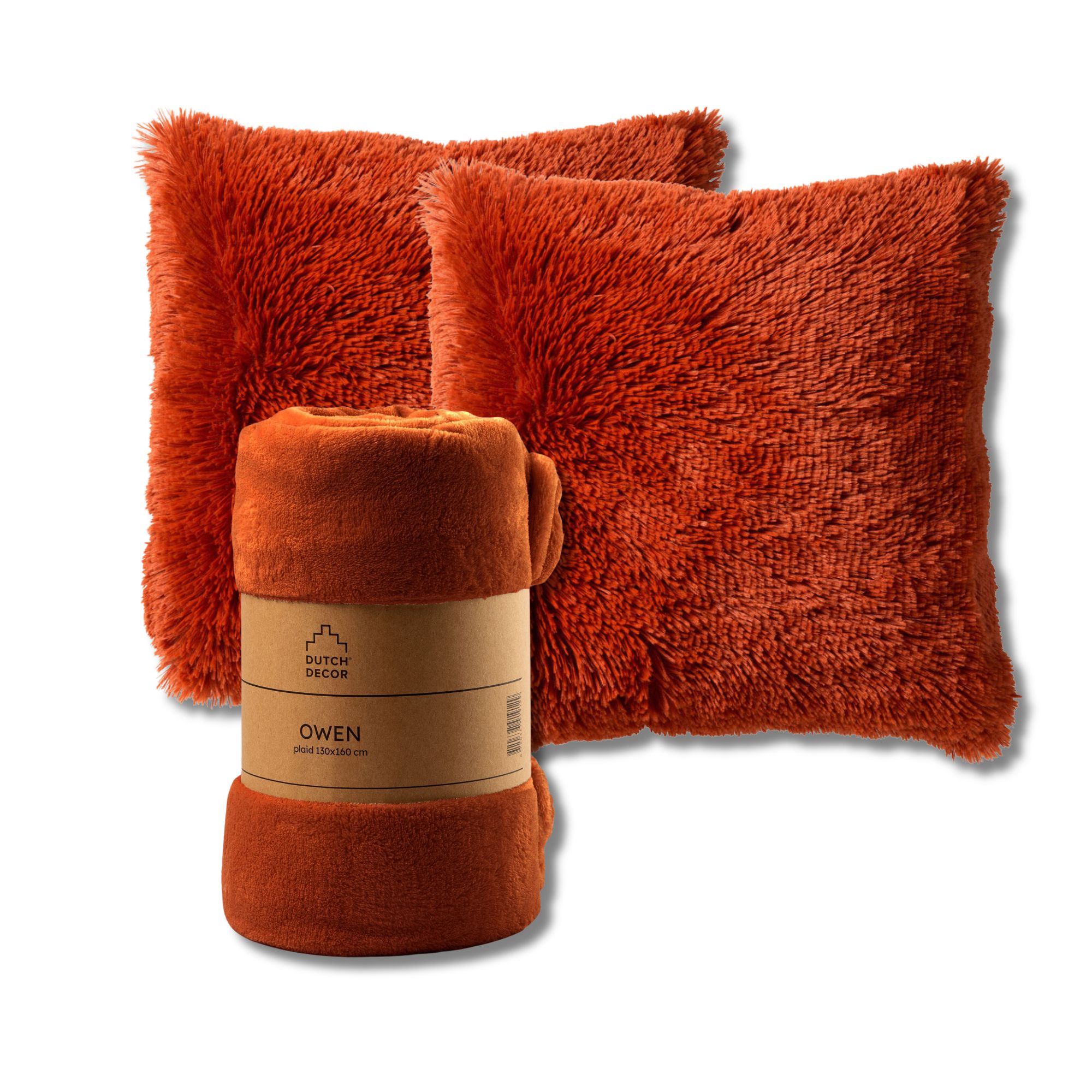 VOORDEELSET - 3-delig - Fluffy & Owen - 2 sierkussens 45x45 cm - 1 plaid 130x160 cm - oranje