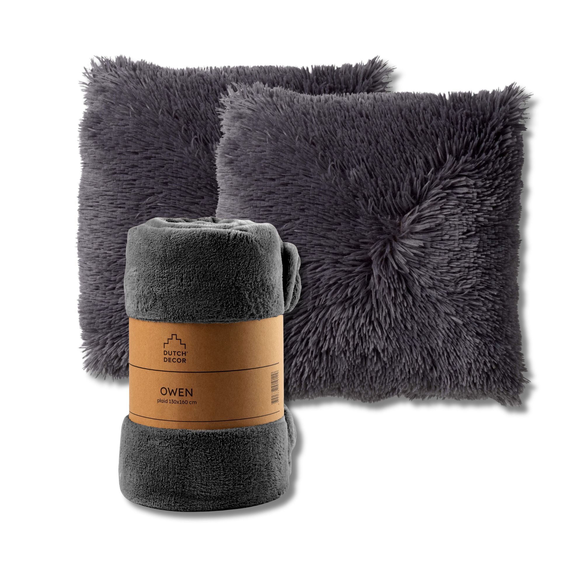 VOORDEELSET - 3-delig - Fluffy & Owen - 2 sierkussens 45x45 cm - 1 plaid 130x160 cm - antraciet
