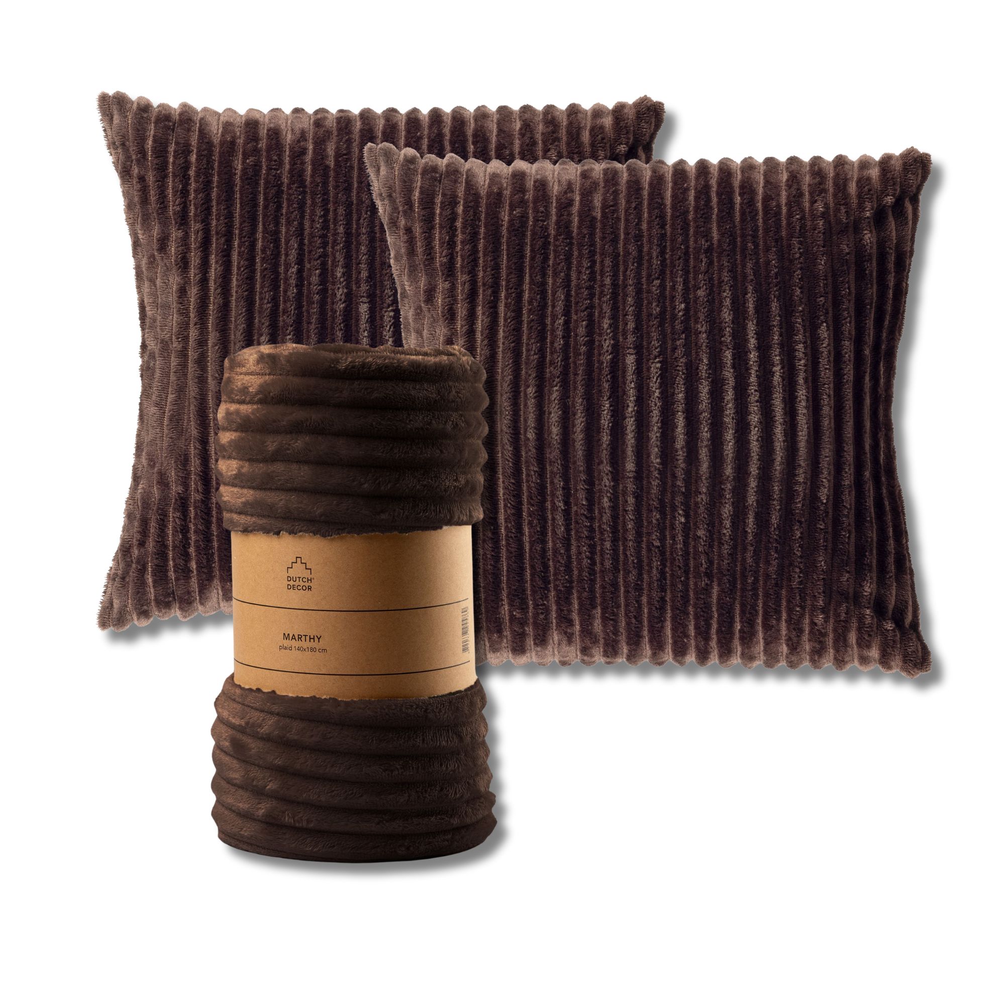 VOORDEELSET - 3-delig - Mart & Marthy - 2 sierkussens 45x45 cm - 1 plaid 140x180 cm - bruin