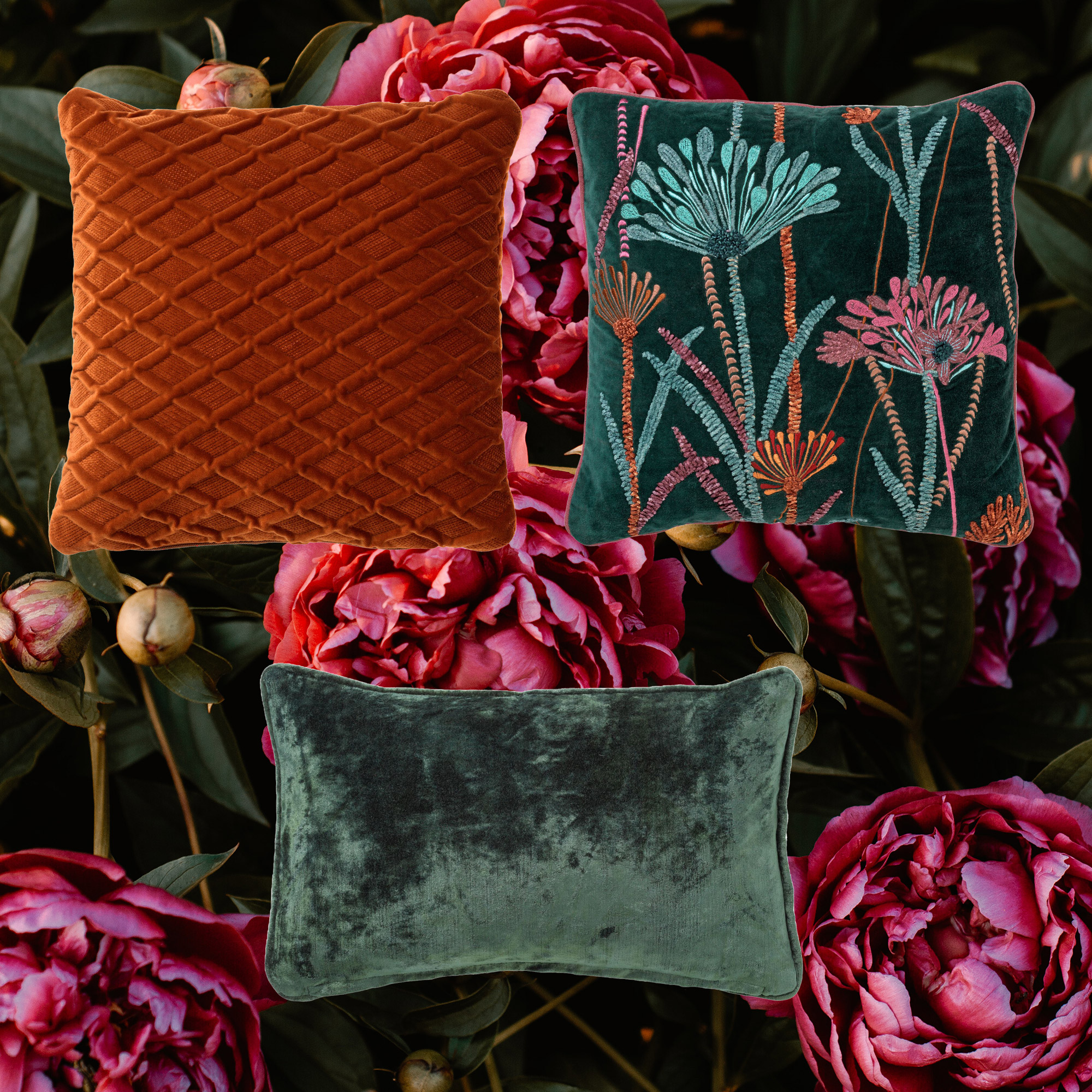 TREND SET FLOWER GREEN  |  Sierkussens |  Set van 3 | 45x45/30x50 cm | Mountain View | Groen | Hoii | met GRS verenvulling