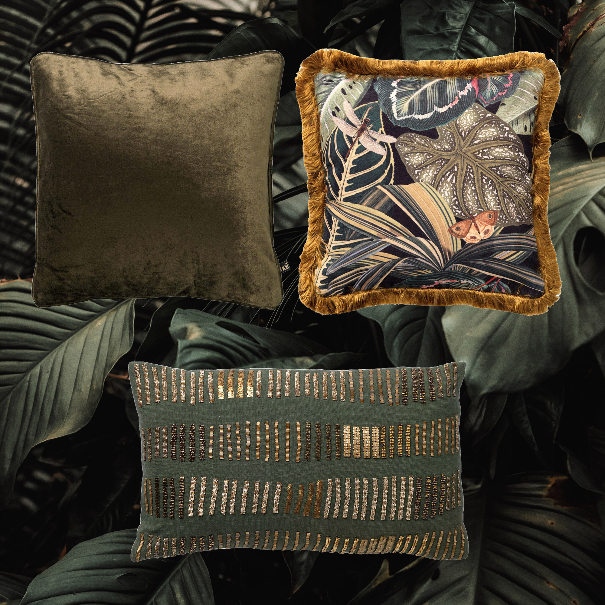 TREND SET BOTANIC GREEN  |  Sierkussens |  Set van 3 |  45x45/40x60/50x50 cm | Military Olive | Groen | Hoii | met GRS verenvulling