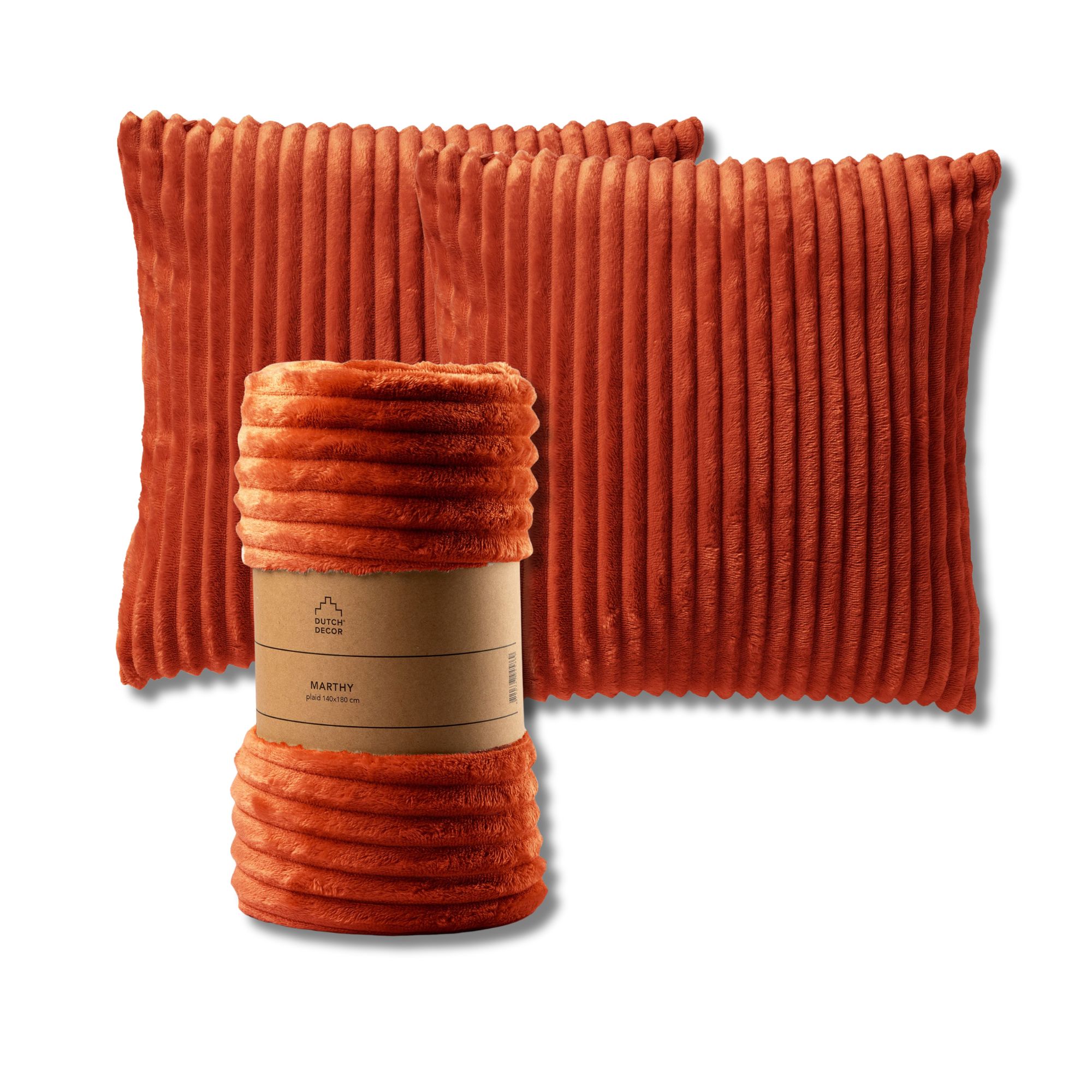 VOORDEELSET - 3-delig - Mart & Marthy - 2 sierkussens 45x45 cm - 1 plaid 140x180 cm - oranje