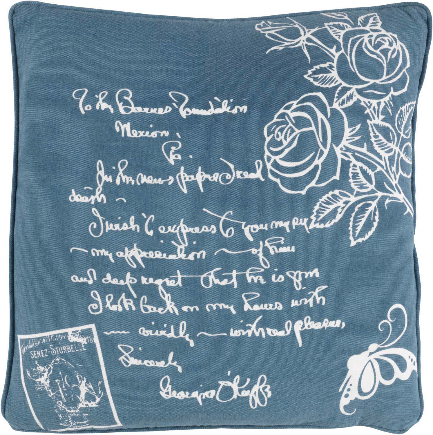 ROOS - Kussenhoes katoen 45x45 cm - blauw - wit - rozen en tekst