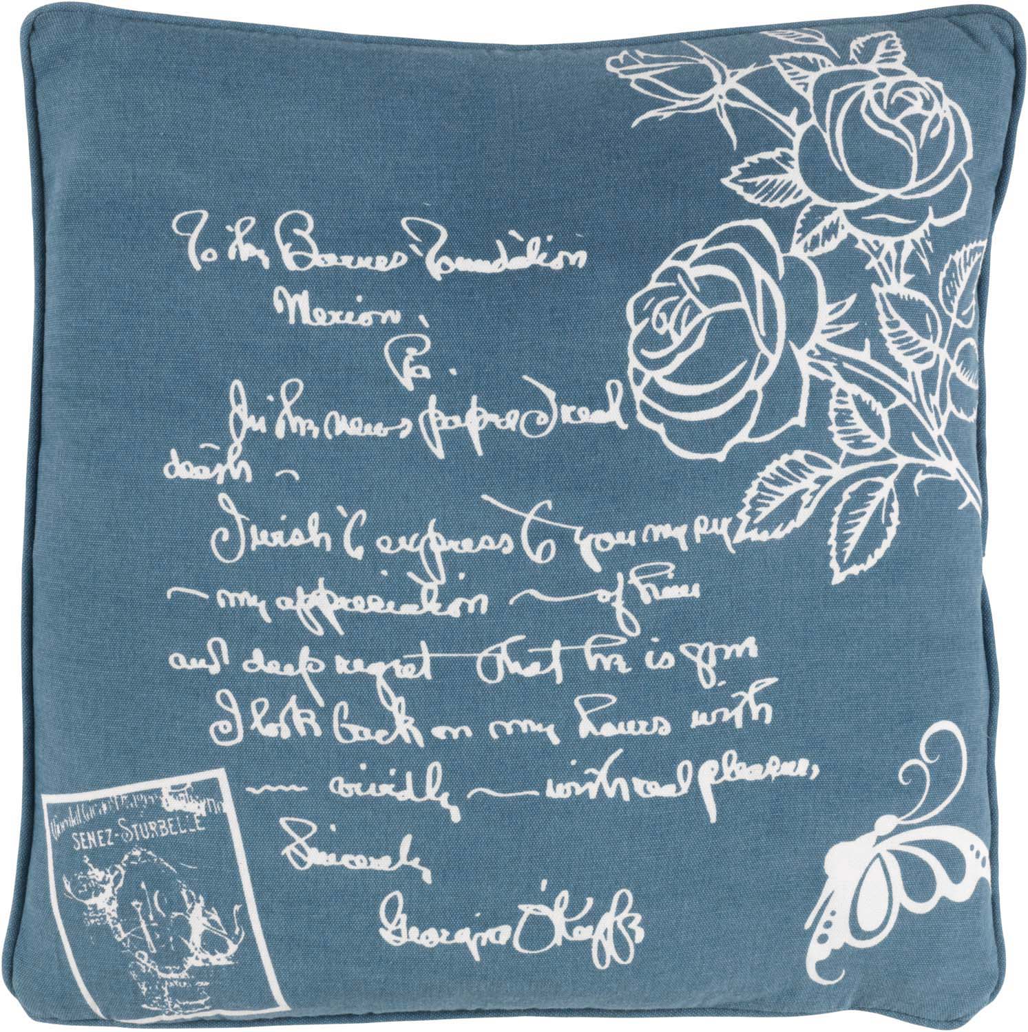 ROOS - Sierkussen 45x45 cm - 100% katoen - rozen - tekst - blauw