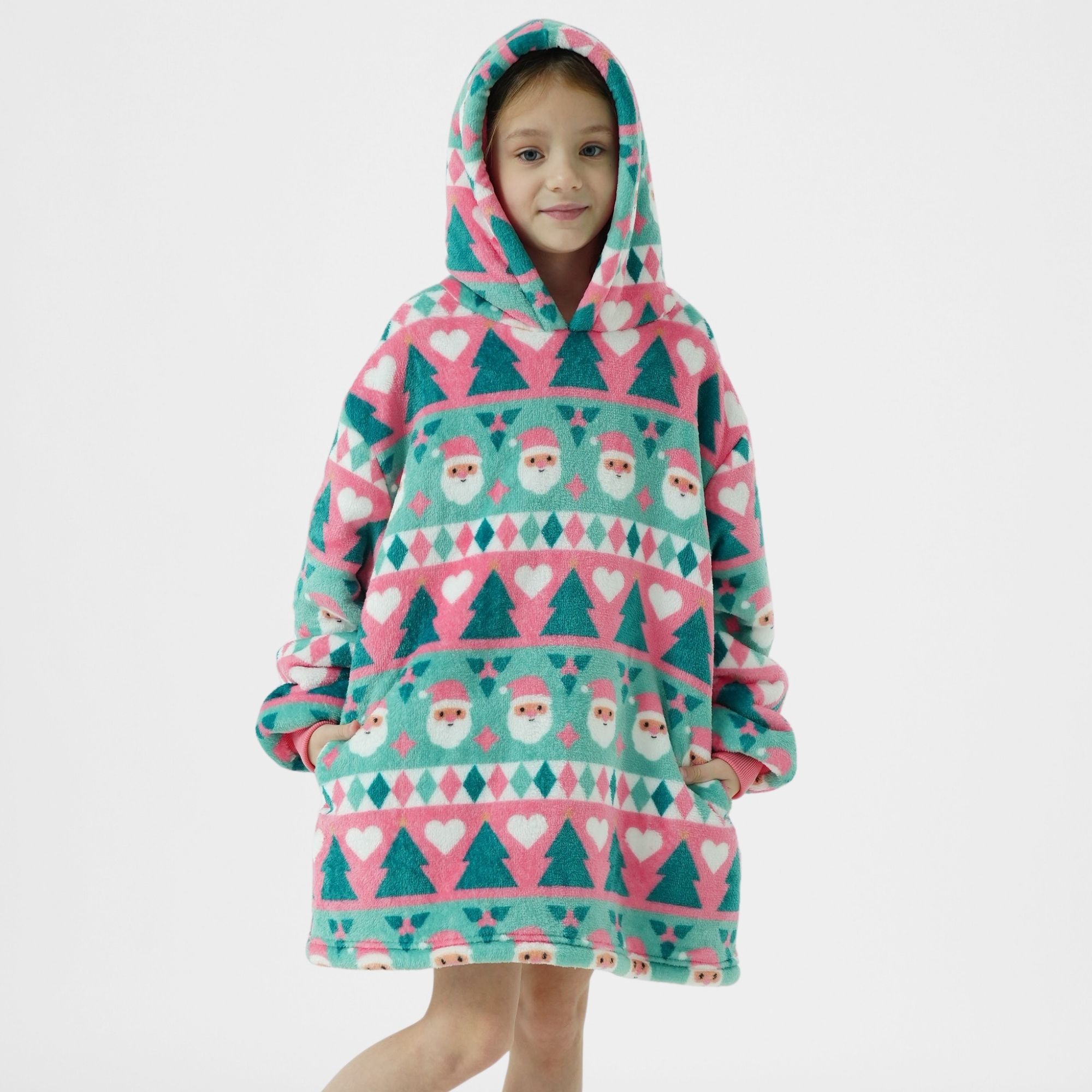 JOLLY SANTA  -  hoodie 50x70 cm - kinderen - hoodie deken kerst - Geranium Pink - roze