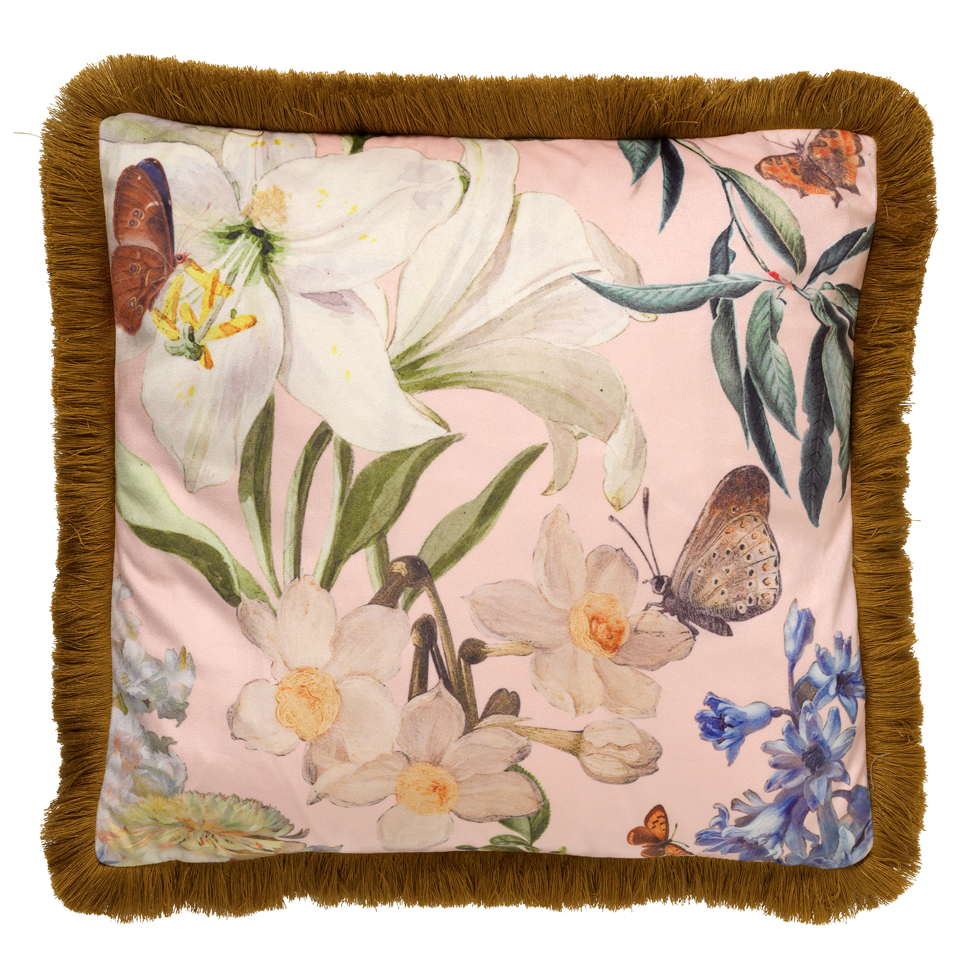 HANNA - Kussenhoes 45x45 cm - bloemen - vlinders - franjes - Dusty Pink - roze