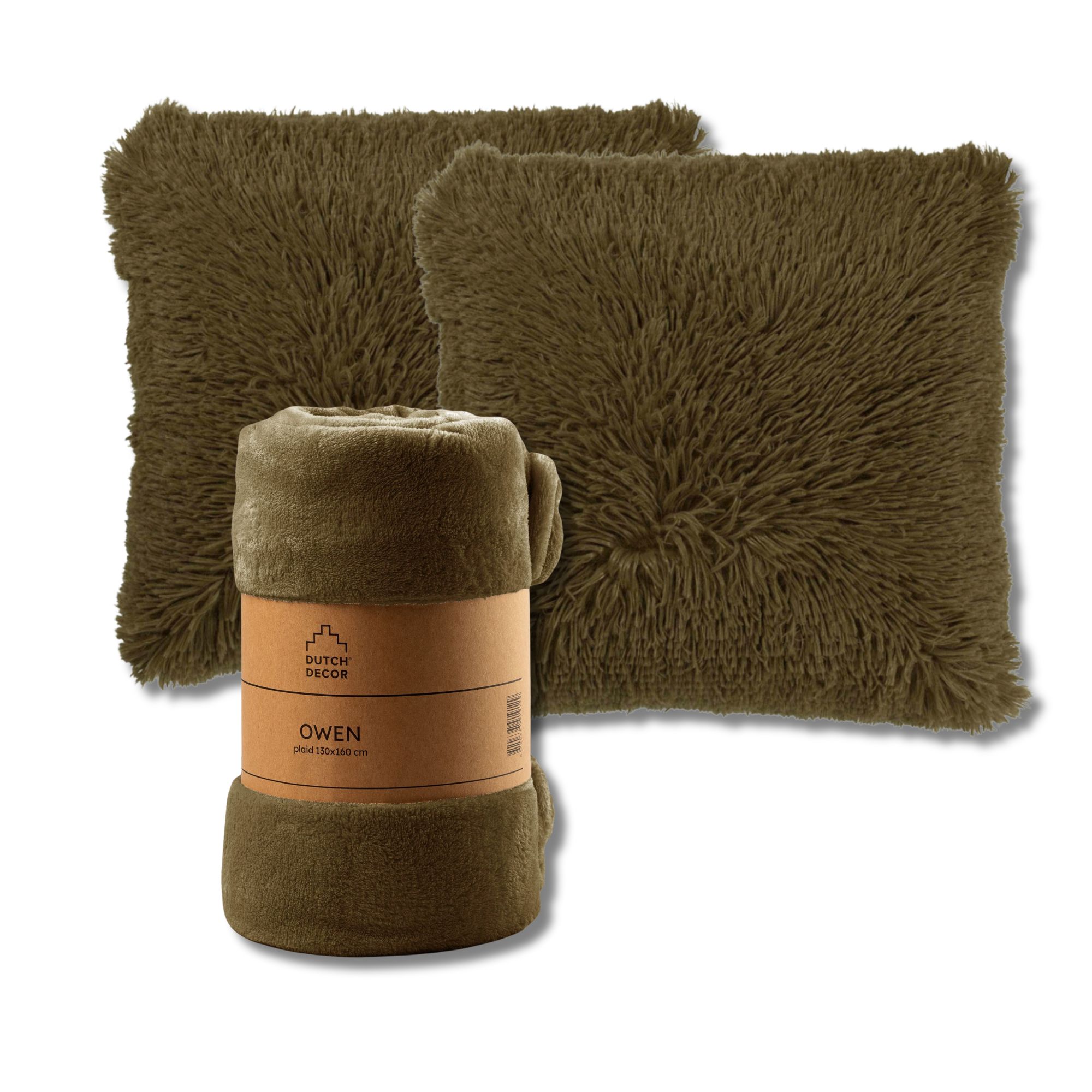 VOORDEELSET - 3-delig - Fluffy & Owen - 2 sierkussens 45x45 cm - 1 plaid 130x160 cm - groen