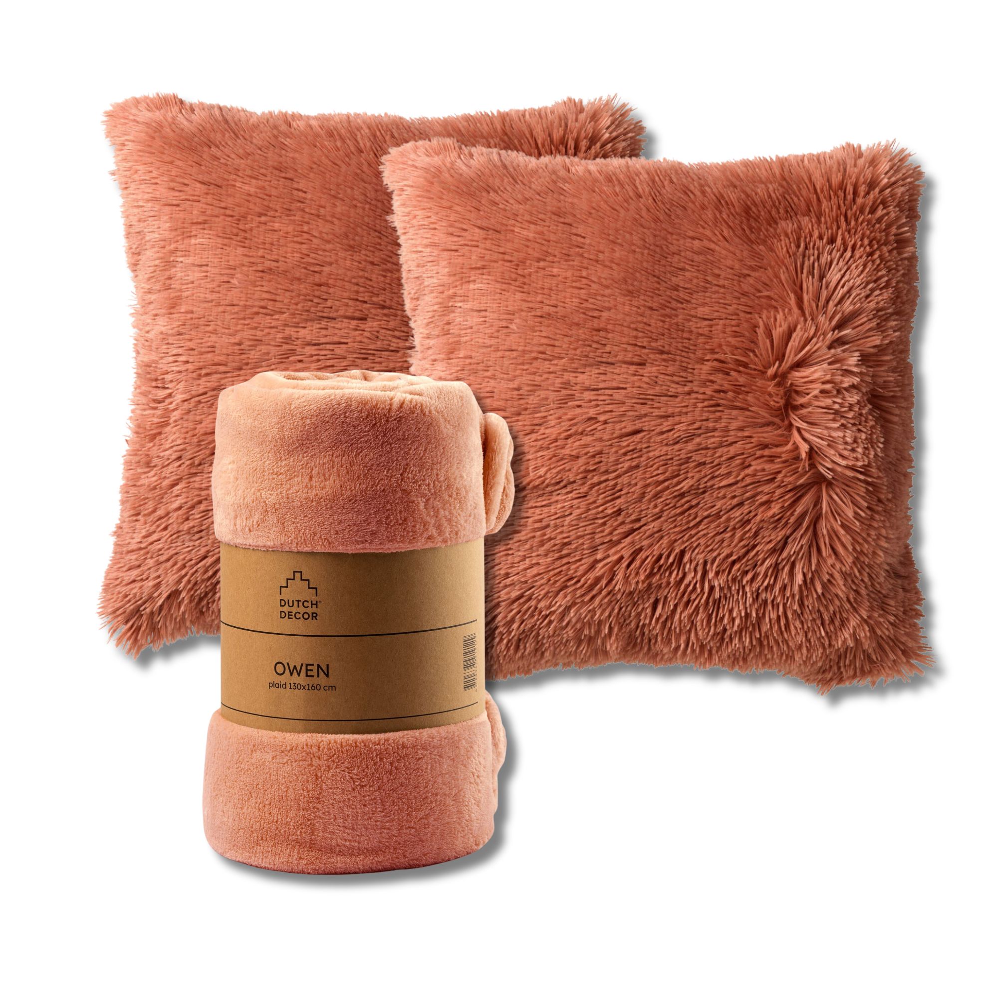 VOORDEELSET - 3-delig - Fluffy & Owen - 2 sierkussens 45x45 cm - 1 plaid 130x160 cm - roze
