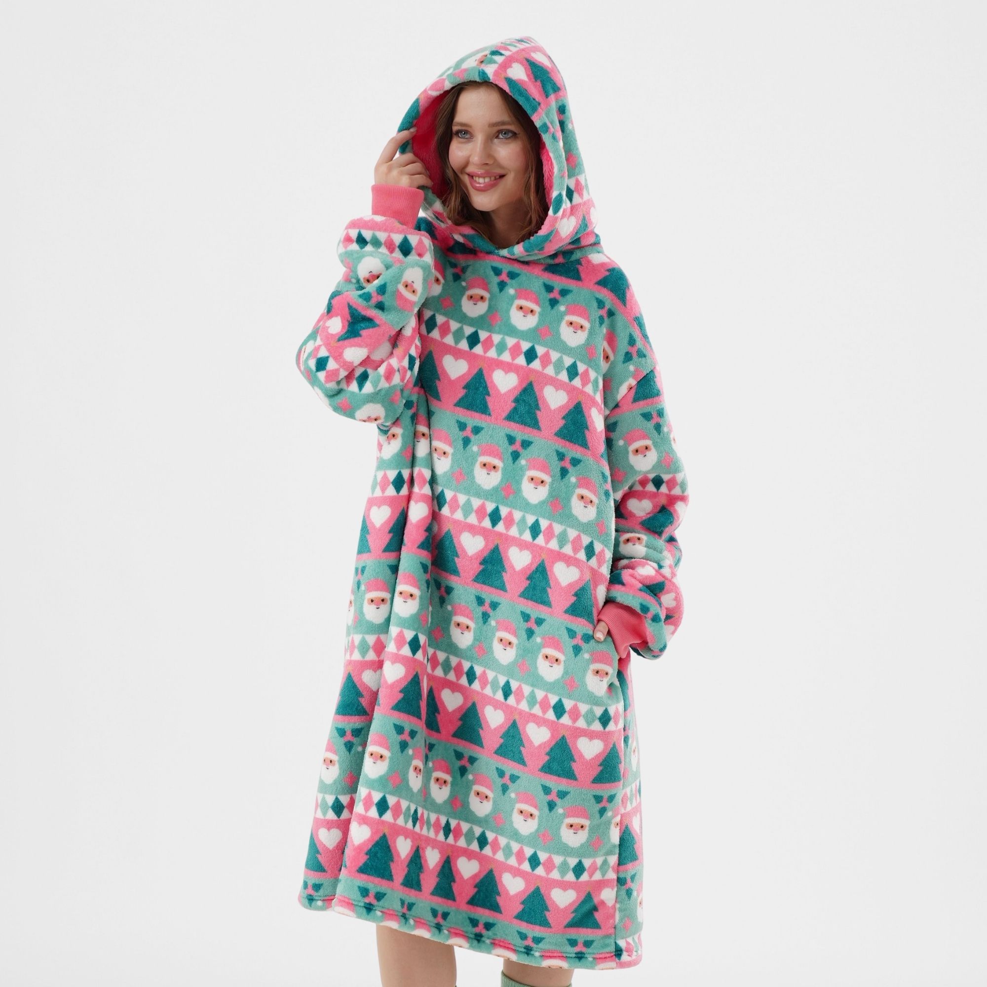 JOLLY SANTA  - hoodie 70x110 cm - volwassenen - hoodie deken kerst - Geranium Pink - roze