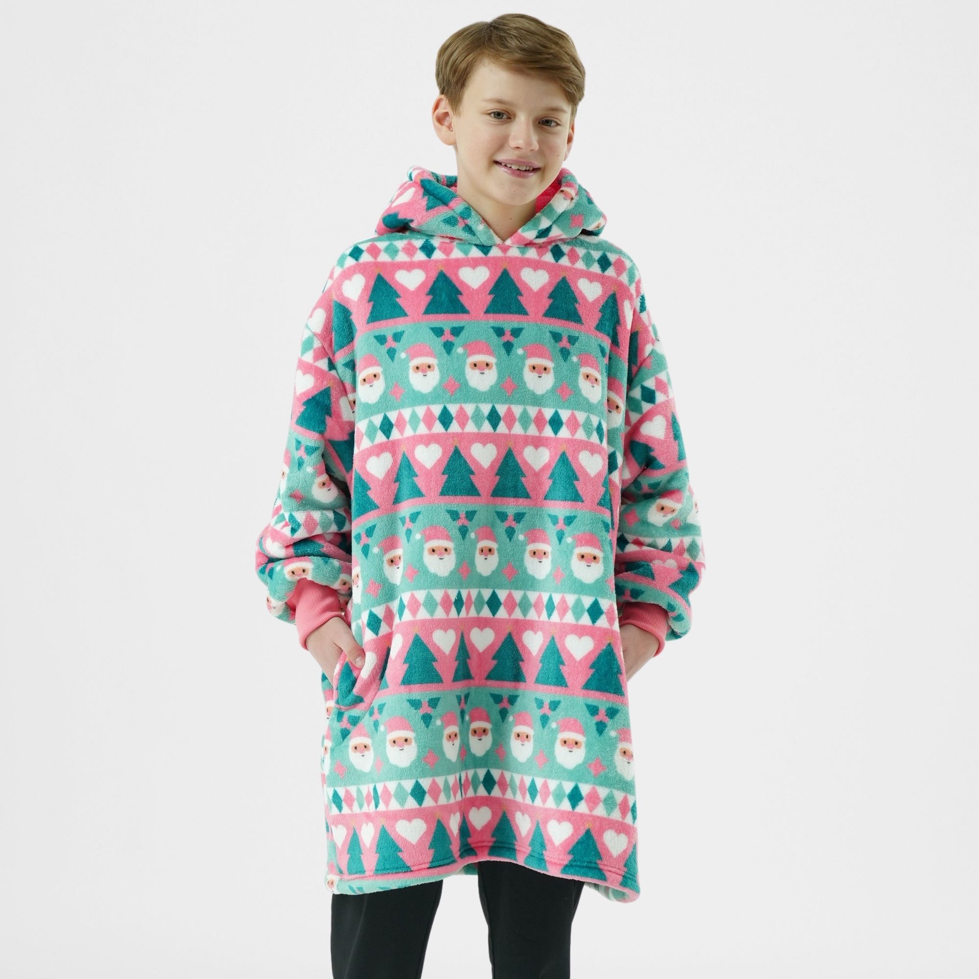 JOLLY SANTA  - hoodie 60x90 cm - tieners - hoodie deken kerst - Geranium Pink - roze