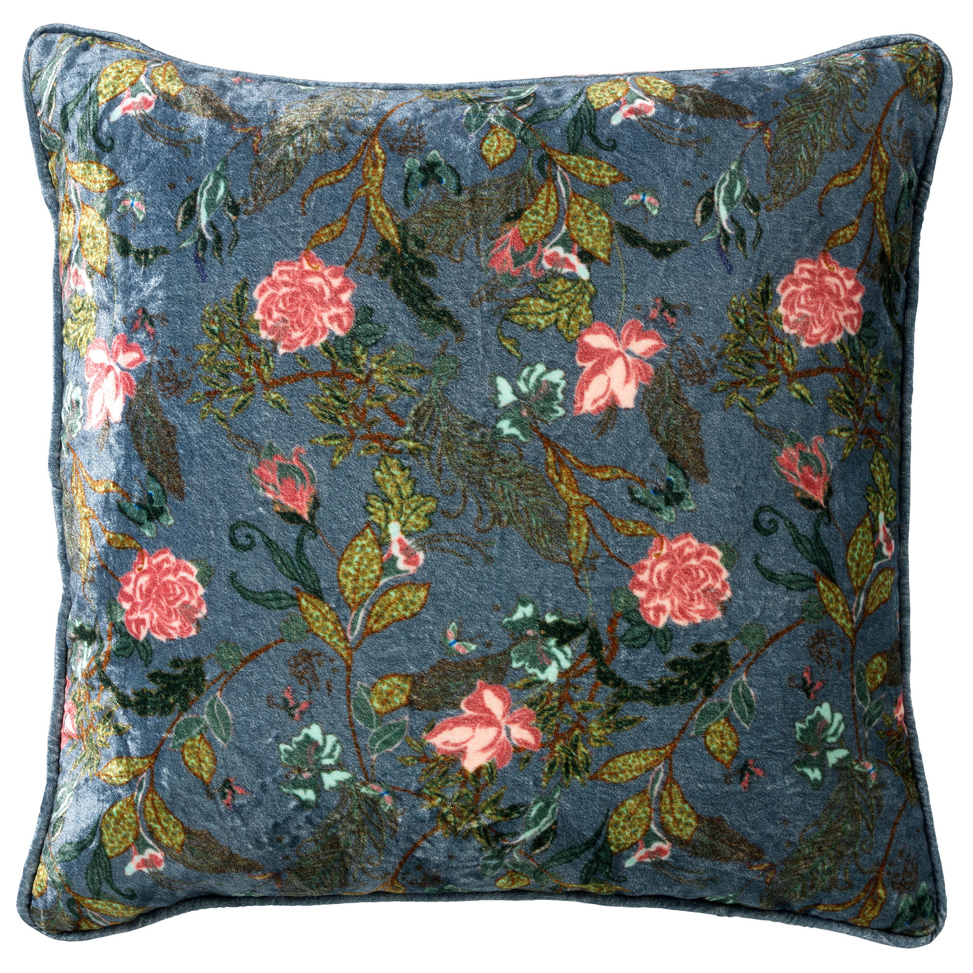 MIKKY - Kussenhoes 45x45 cm - velvet - bloemen - provincial blue - blauw - roze - groen - streepjes