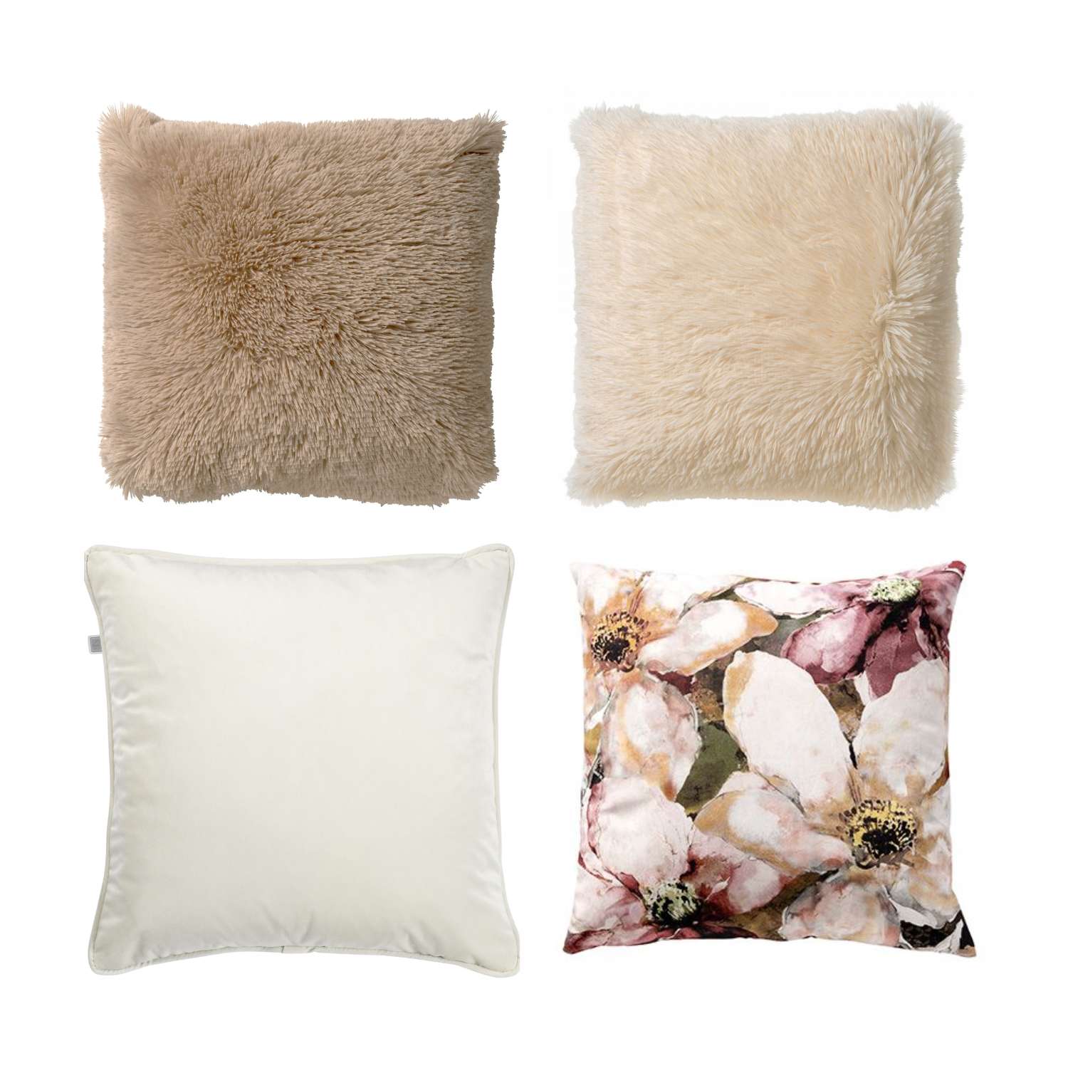 VOORDEELSET BRIONY - Set van 4 Sierkussens 45x45 cm - Briony + Fluffy + Finn - wit - roze - beige - multicolor