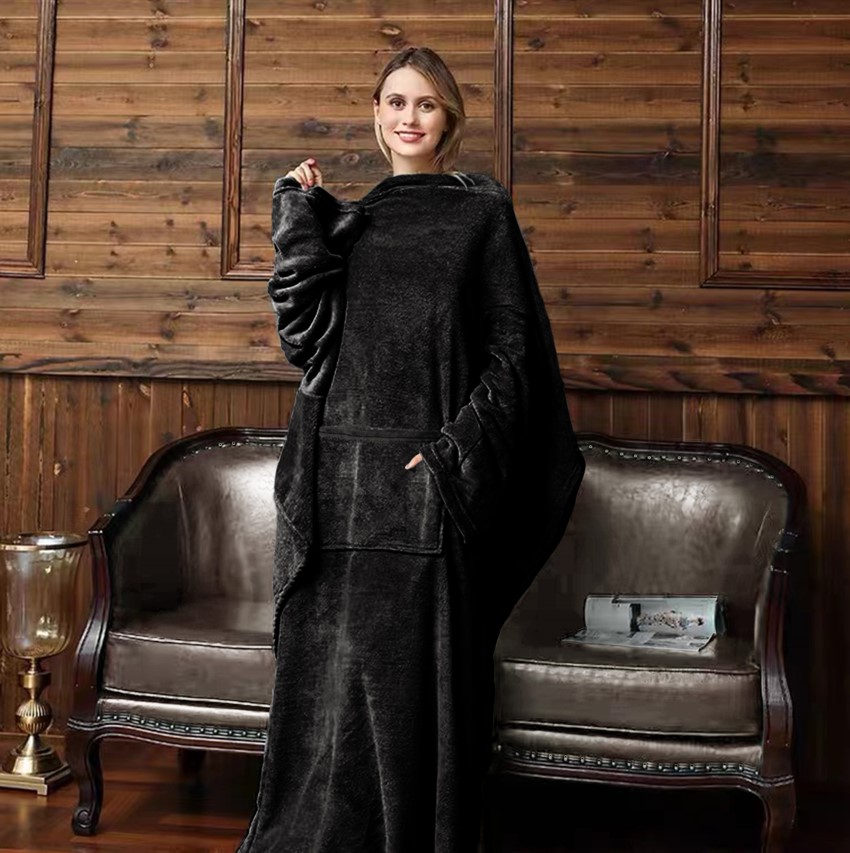 GINY - Plaid met mouwen 150x200 cm - superzacht - flannel fleece - Raven - zwart 