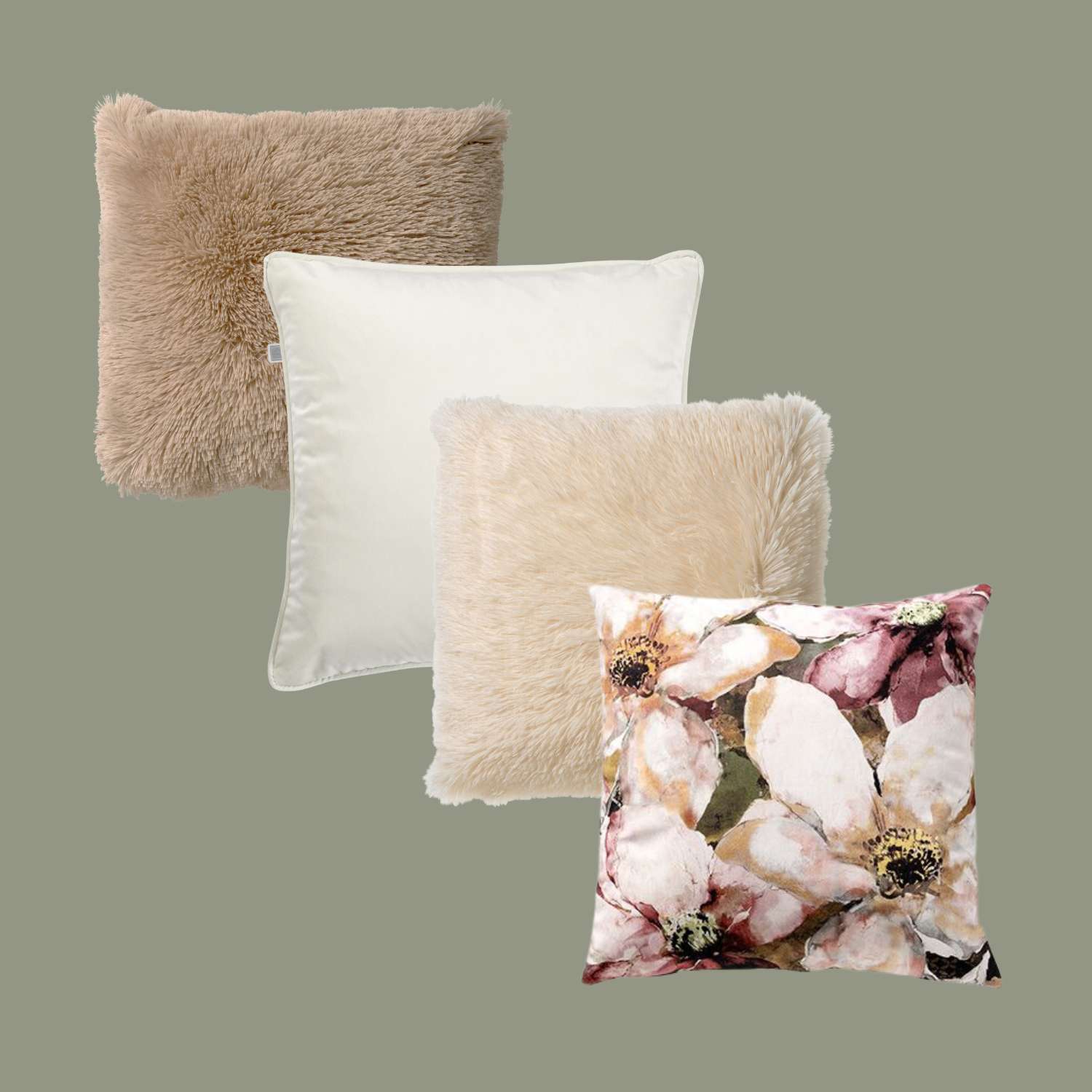 VOORDEELSET BRIONY - Set van 4 Sierkussens 45x45 cm - Briony + Fluffy + Finn - wit - roze - beige - multicolor