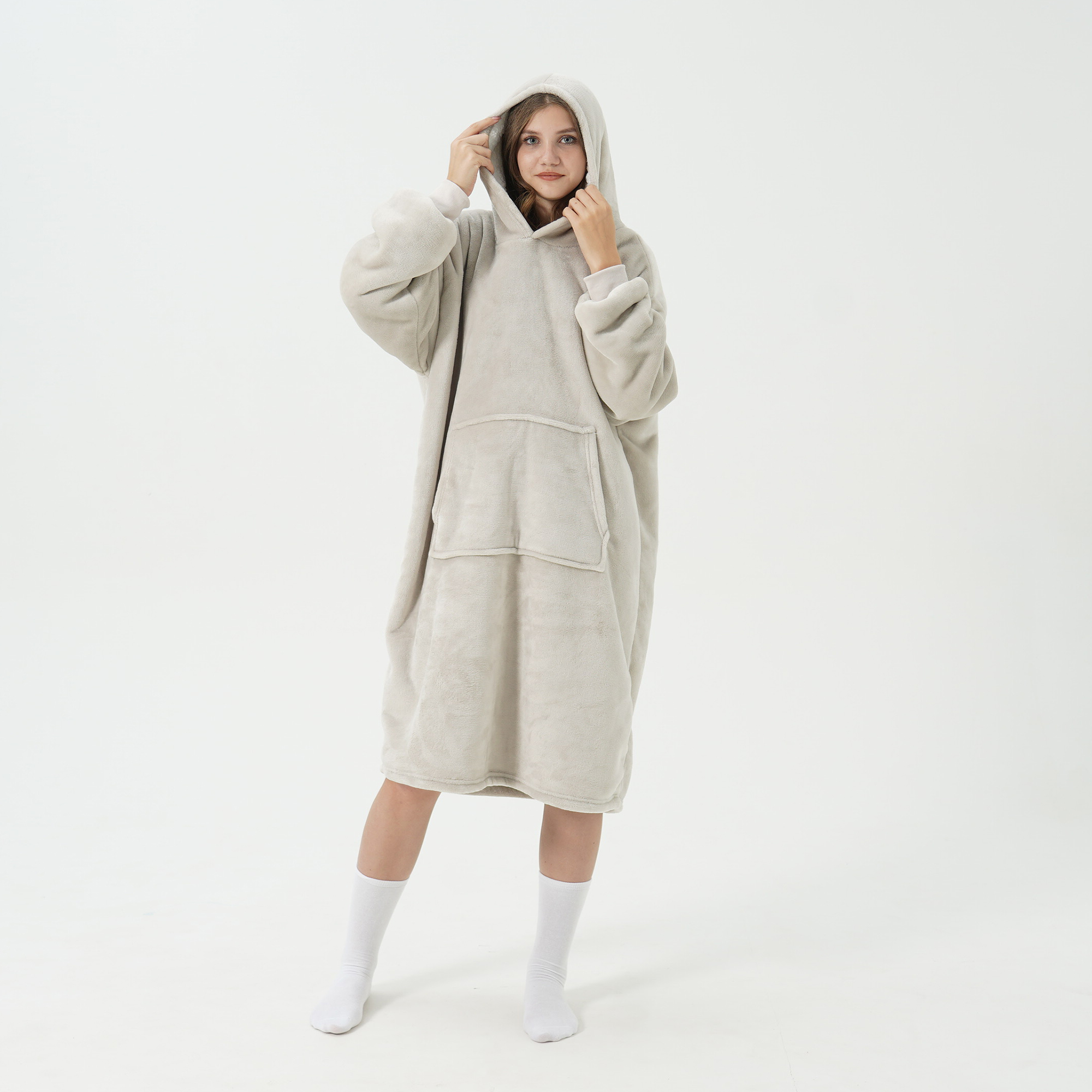 SHERRY Oversized Hoodie - 70x110 cm - Hoodie & deken in één - heerlijke, grote fleece hoodie deken - Pumice Stone - beige