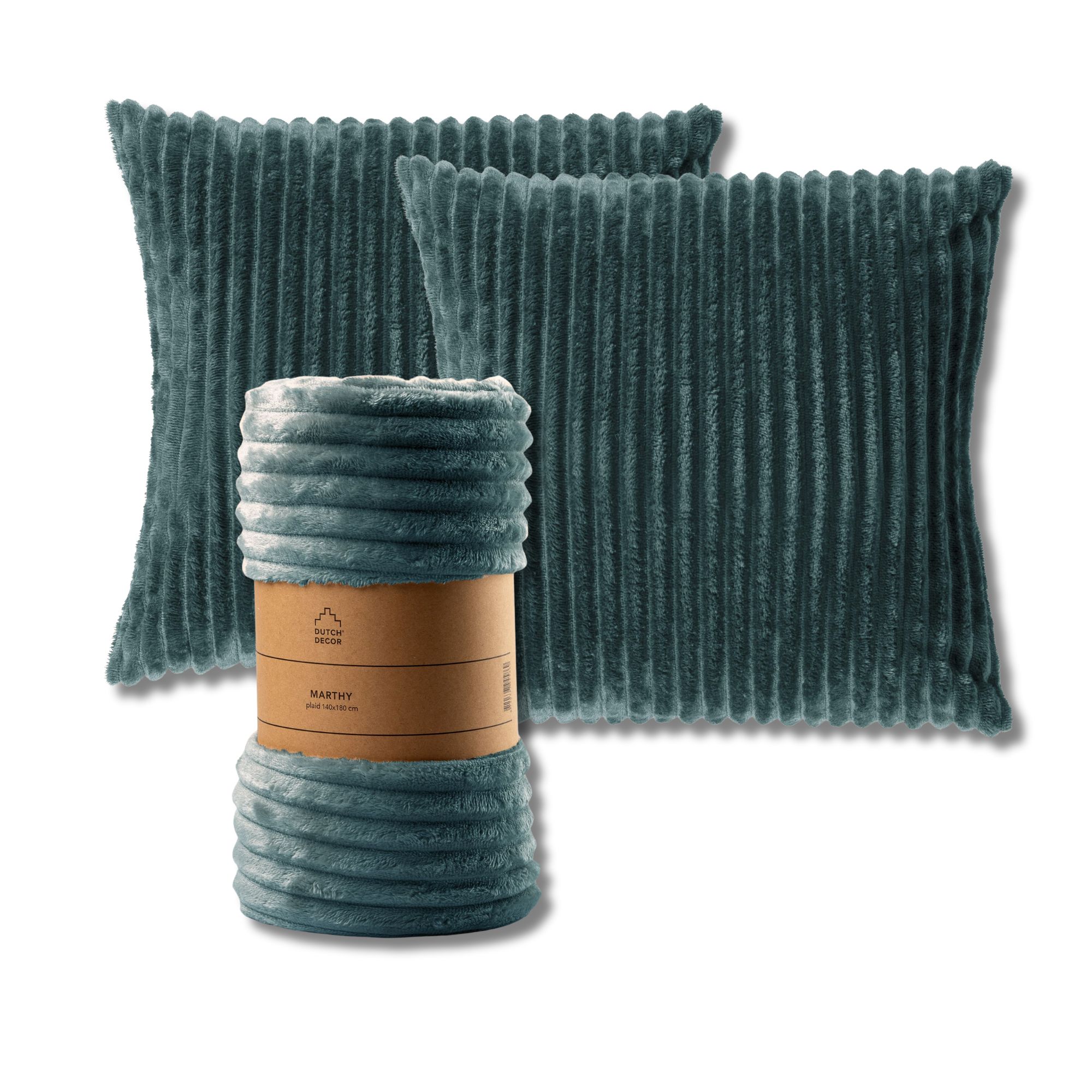 VOORDEELSET - 3-delig - Mart & Marthy - 2 sierkussens 45x45 cm - 1 plaid 140x180 cm - groen