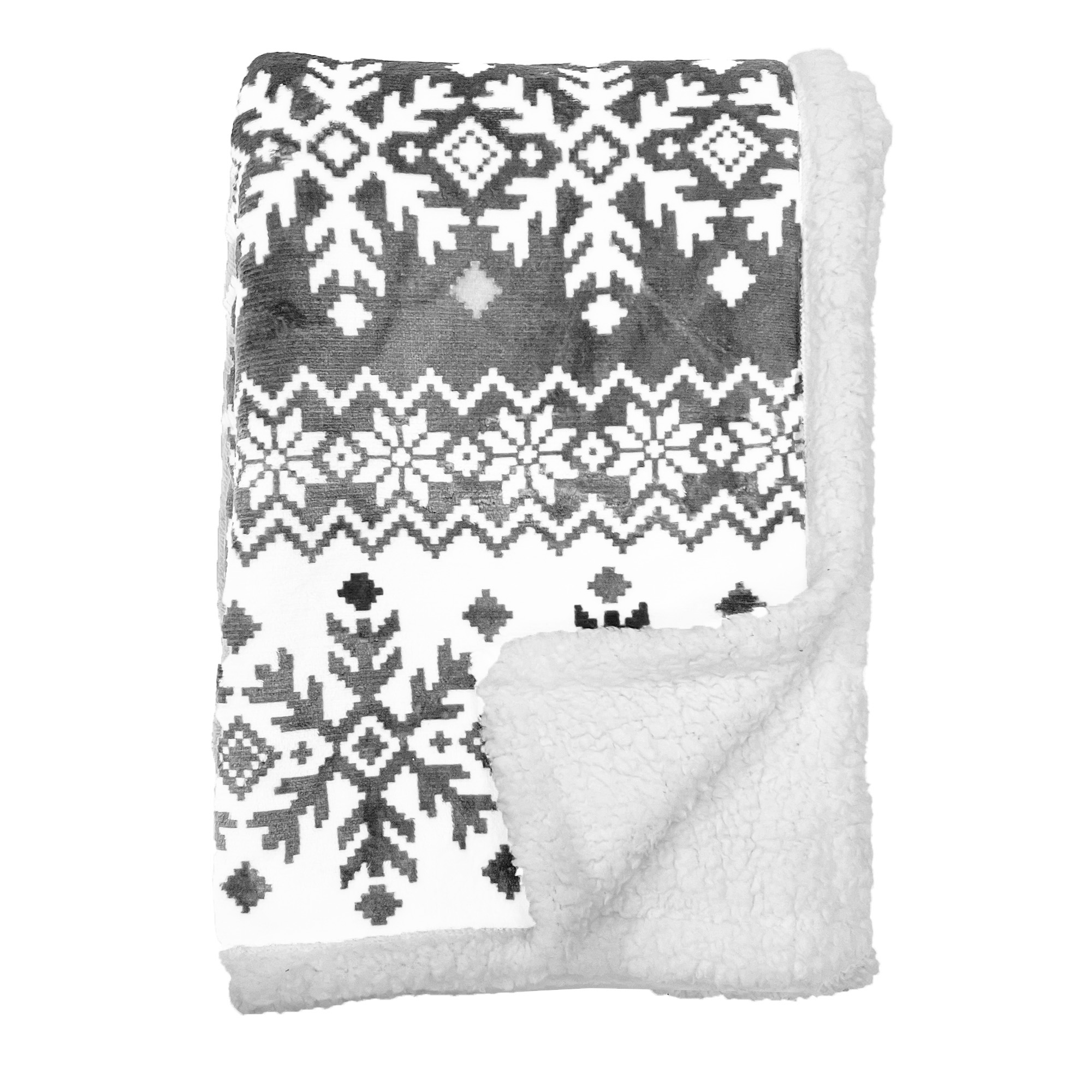 SVEN - Plaid 140x180 cm - fleece deken met sherpa en nordic print - Charcoal Gray - antraciet met wit