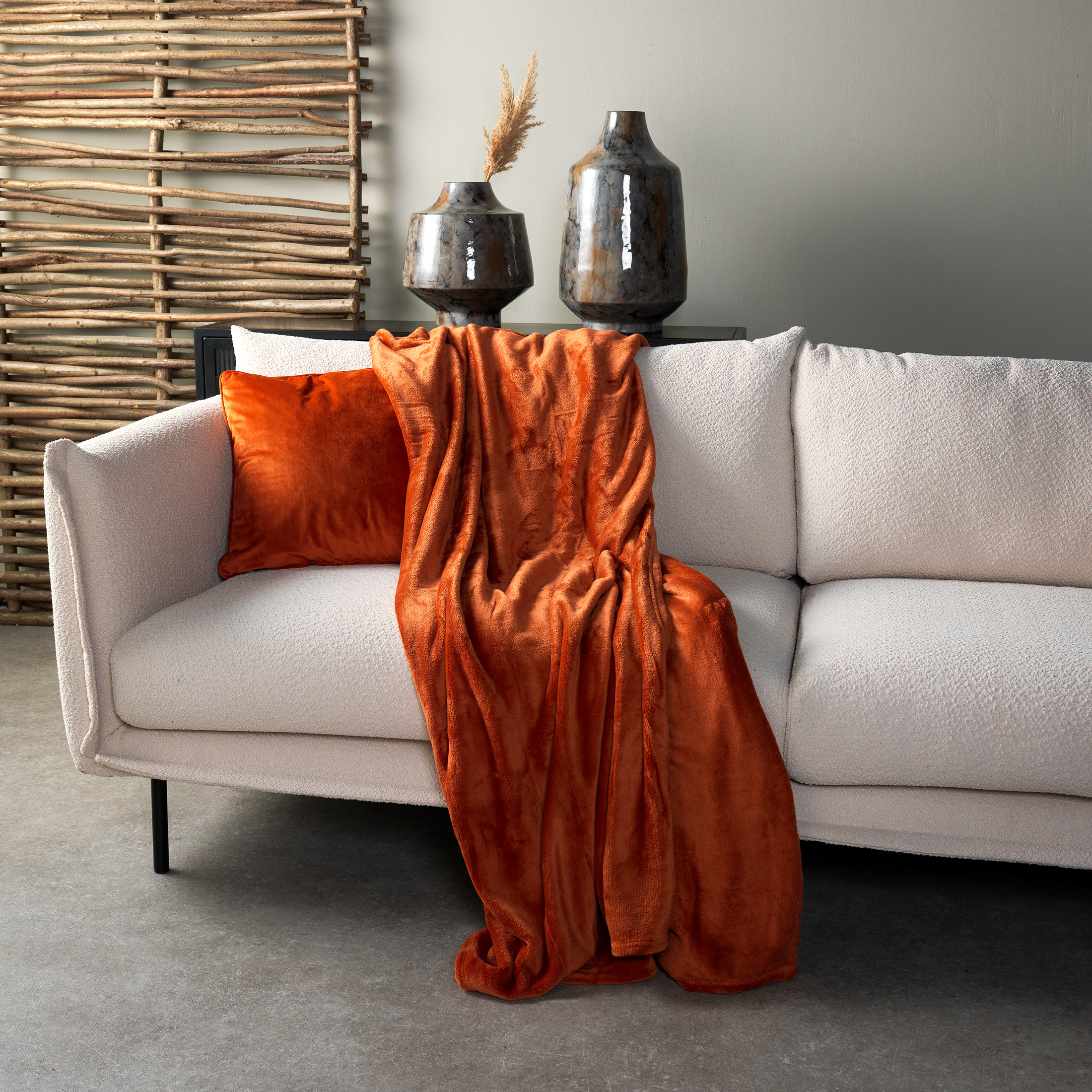 CHARLIE - Plaid 200x220 cm - extra grote fleece deken - effen kleur - Potters Clay - oranje terra