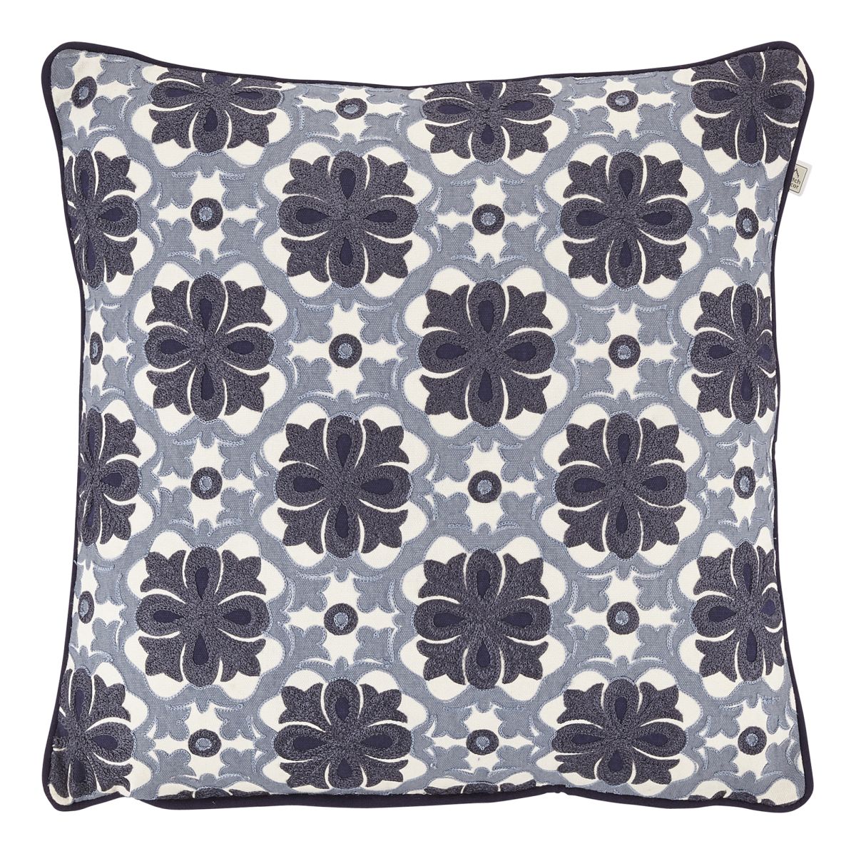 DALOU - Sierkussen geborduurd 45x45 cm -  donkerblauw - wit - grijs - barok dessin - 100% katoen