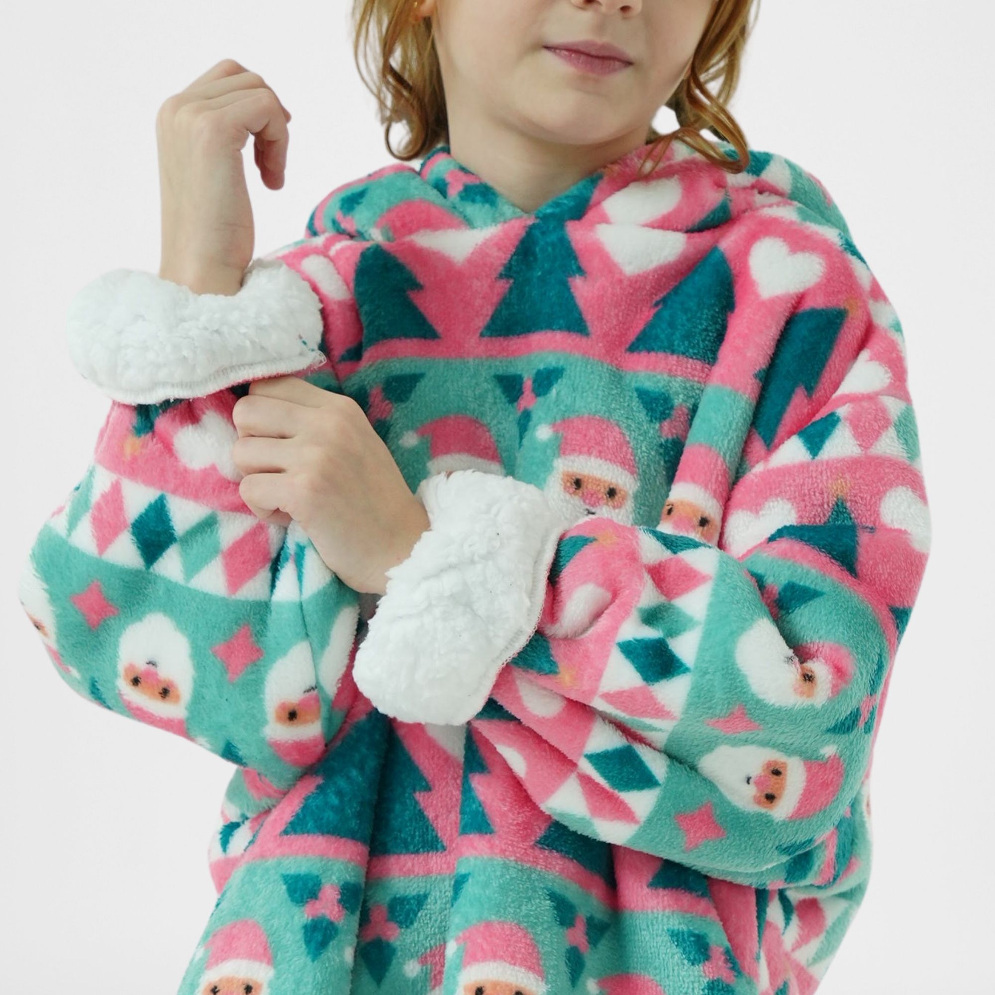 JOLLY SANTA  -  hoodie 50x70 cm - kinderen - hoodie deken kerst - Geranium Pink - roze