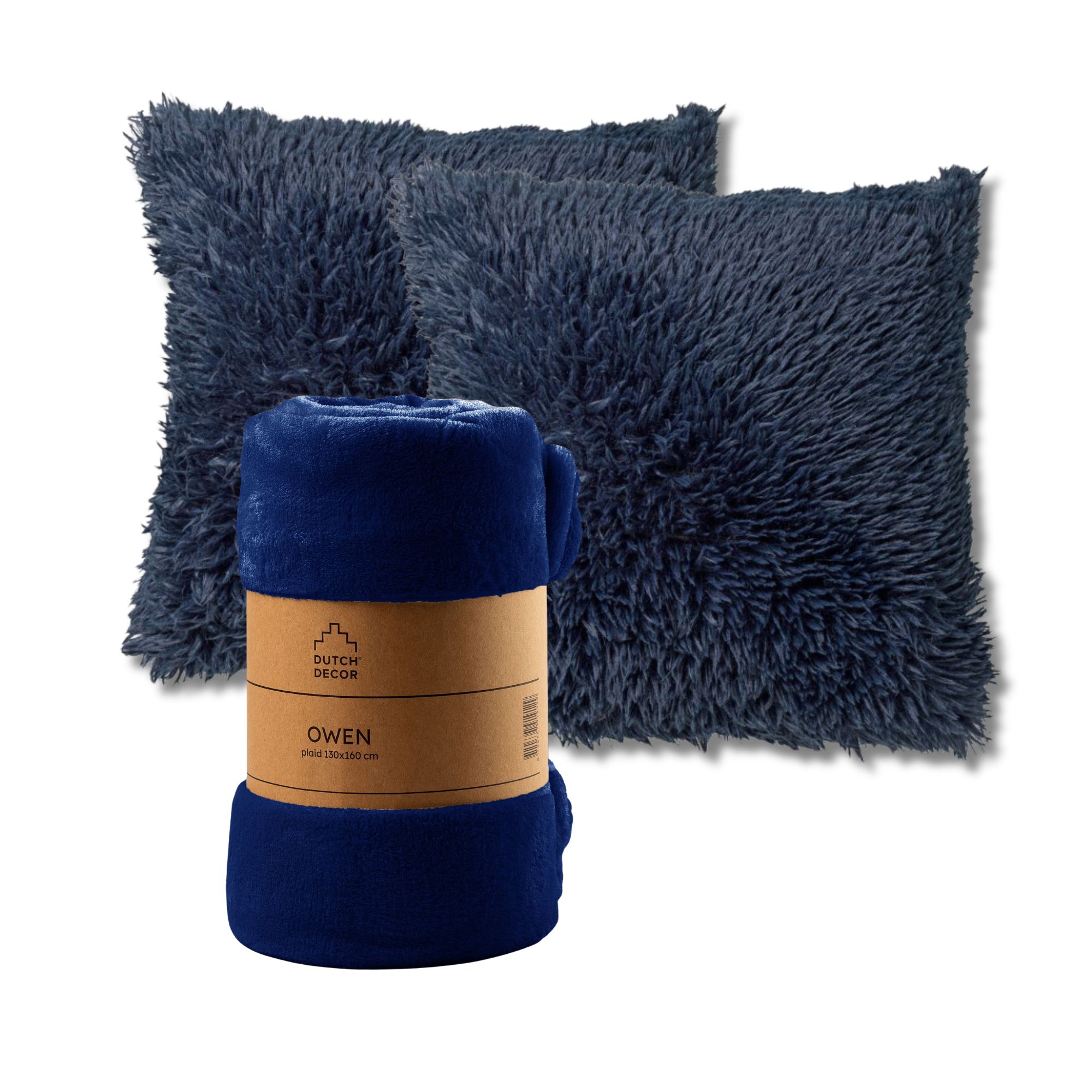 VOORDEELSET - 3-delig - Fluffy & Owen - 2 sierkussens 45x45 cm - 1 plaid 130x160 cm - blauw