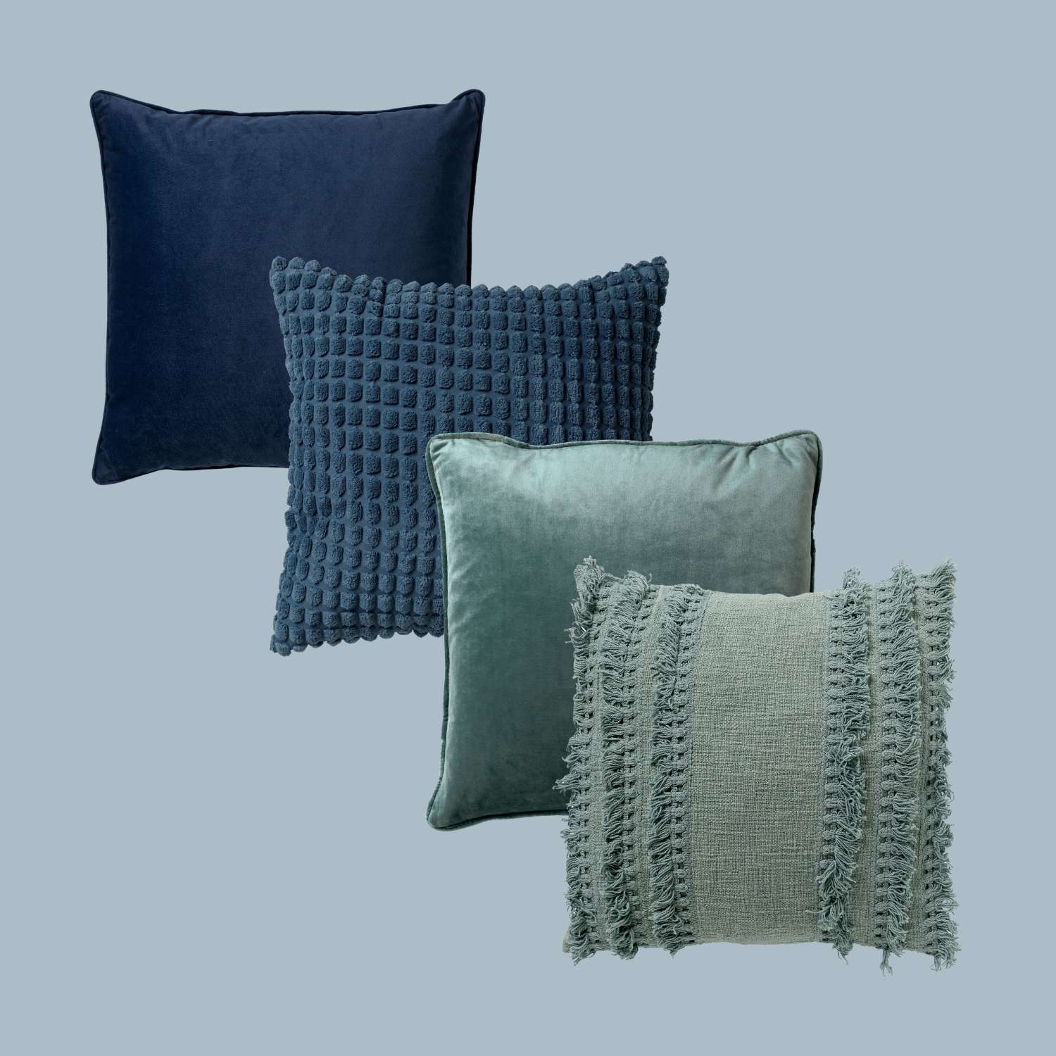 VOORDEELSET FARA - Set van 4 sierkussens 45x45 cm - Finn + Fara + Rome - lichtgroen - groen - donkerblauw VOORDEELSET FARA - Set van 4 sierkussens 45x45 cm - Finn + Fara + Rome - lichtgroen - groen - donkerblauw