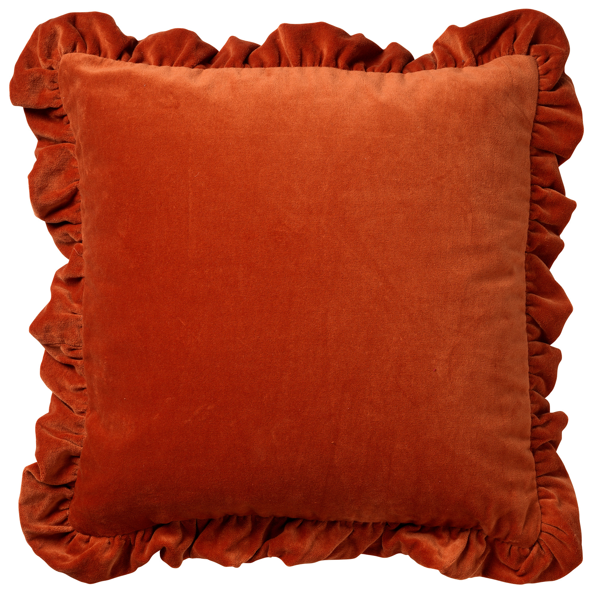 YARA - Sierkussen katoen 45x45 cm velvet - Potters Clay - oranje - ruches rondom
