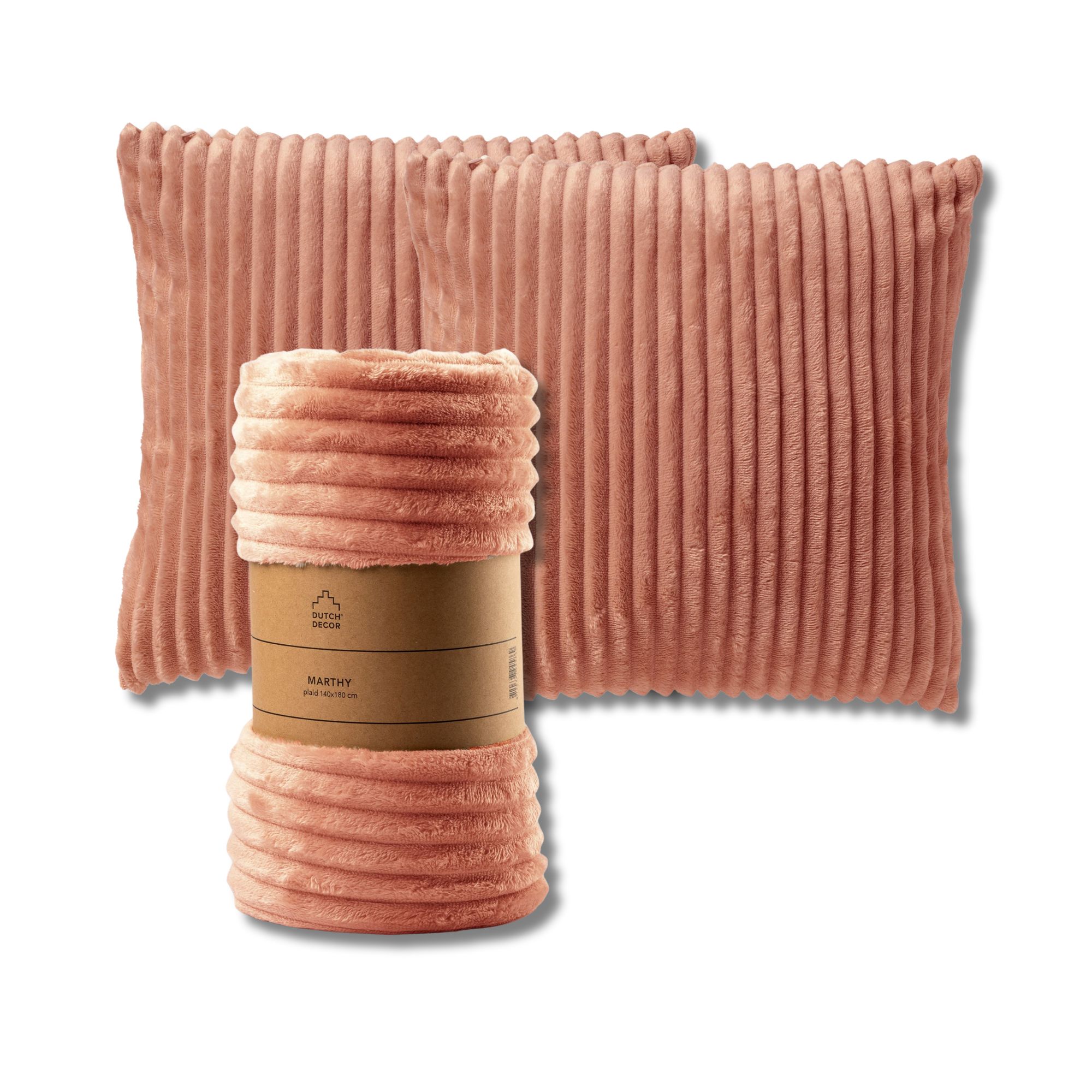 VOORDEELSET - 3-delig - Mart & Marthy - 2 sierkussens 45x45 cm - 1 plaid 140x180 cm - roze
